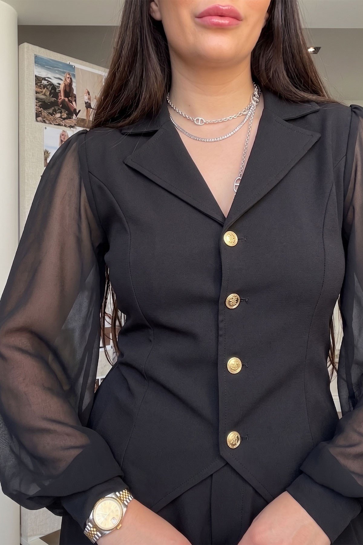 Premium Kolları Tül Detaylı Bluz- SİYAH
