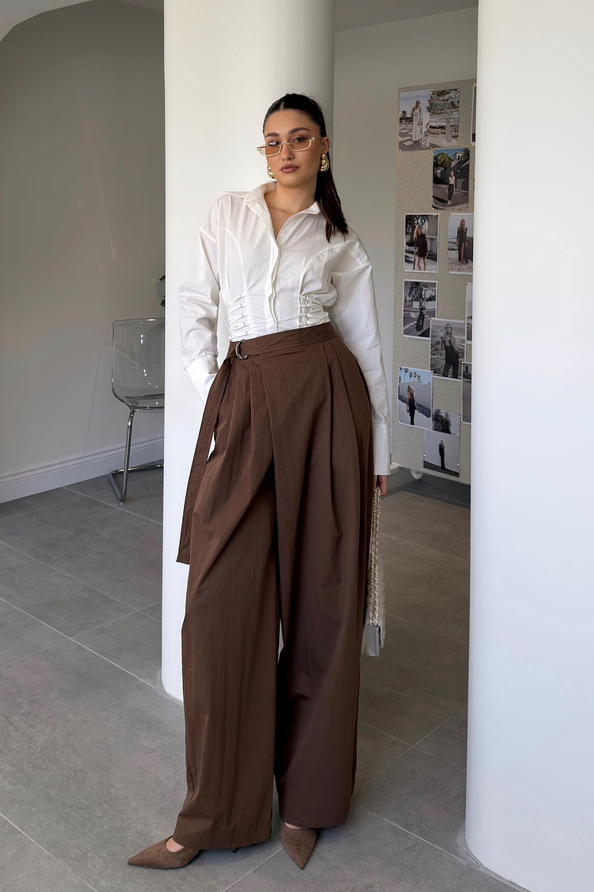Premium Kuşaklı Bol Paça Pantolon- KAHVERENGİ