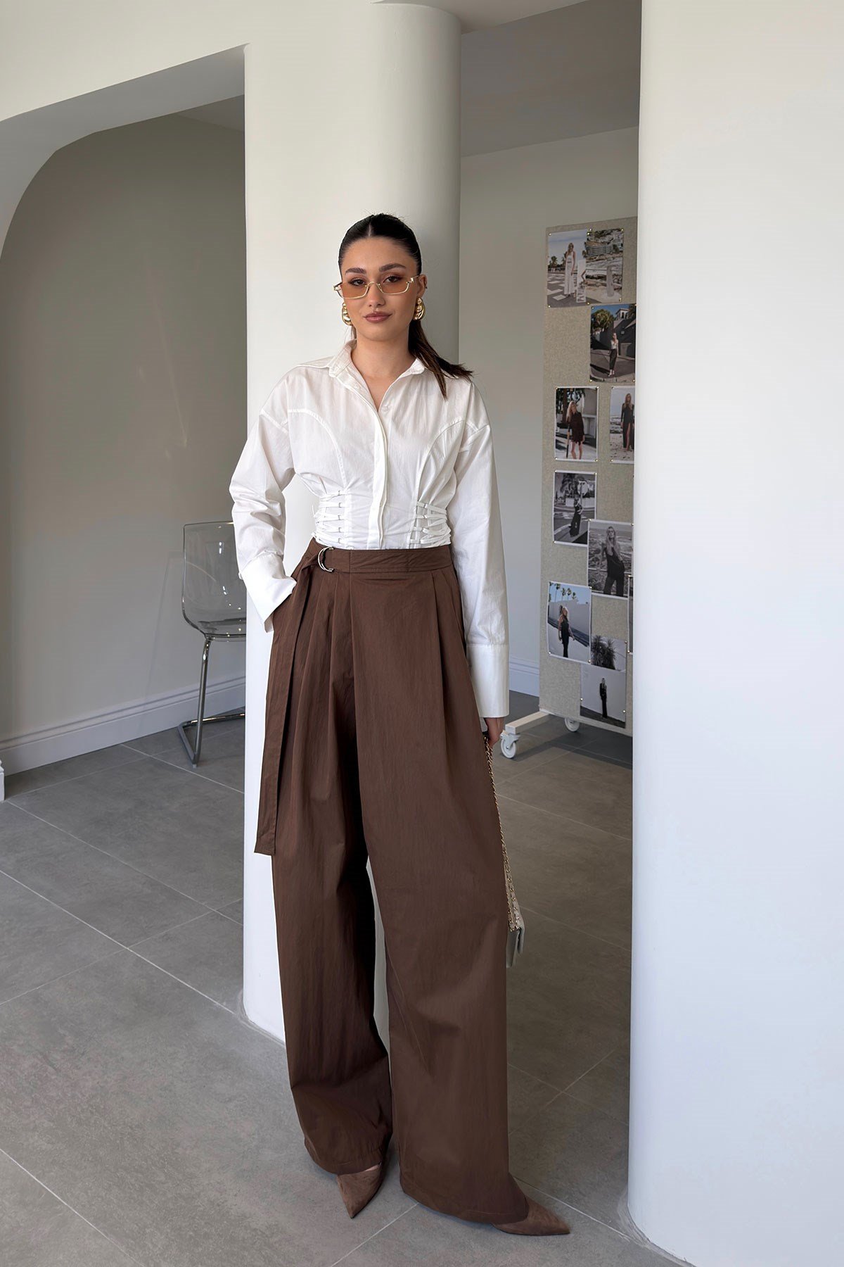 Premium Kuşaklı Bol Paça Pantolon- KAHVERENGİ