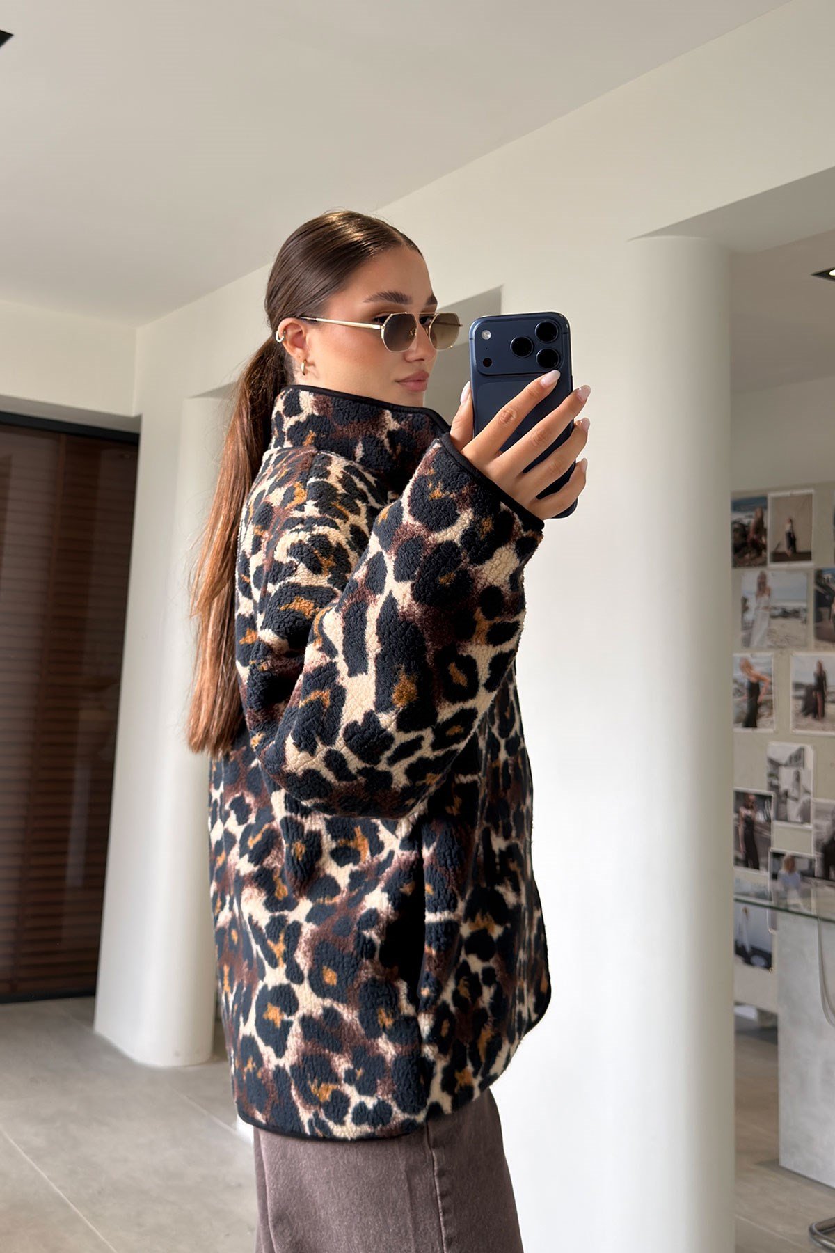 Premium Leopar Desen Fermuarlı Polar- Acı Kahve