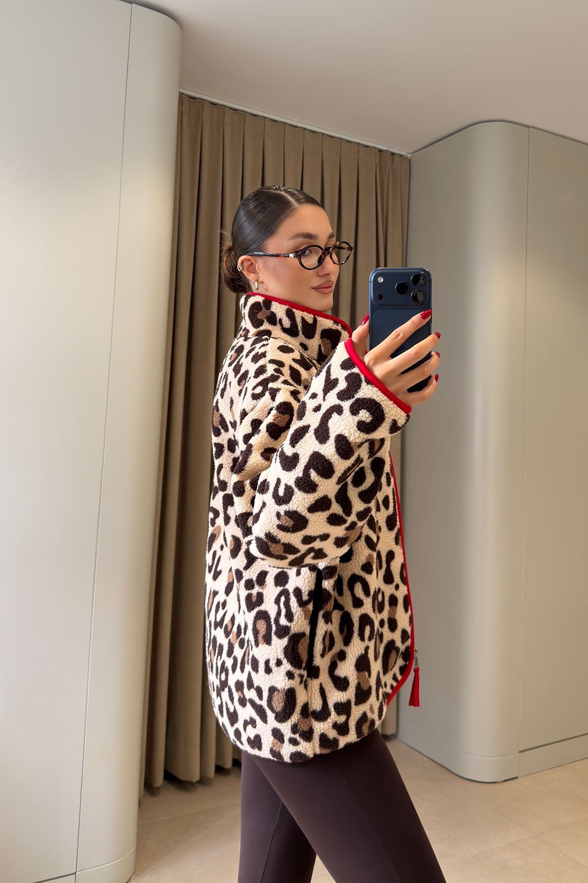 Premium Leopar Desen Fermuarlı Polar- BEJ-KIRMIZI
