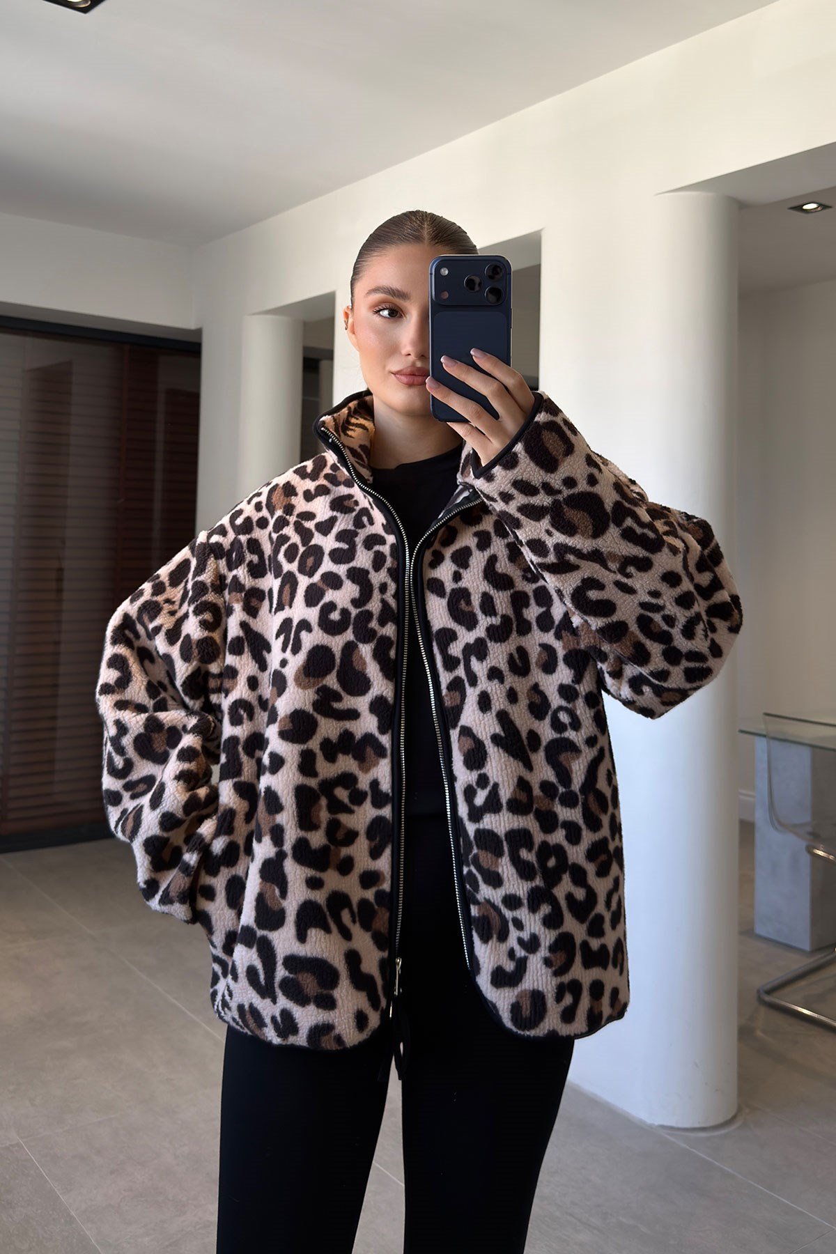 Premium Leopar Desen Fermuarlı Polar- BEJ