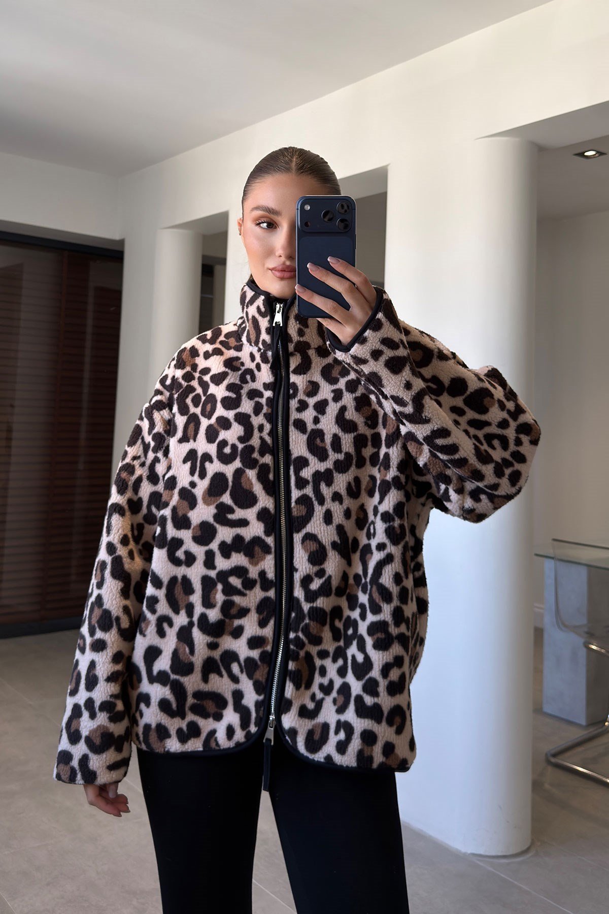 Premium Leopar Desen Fermuarlı Polar- BEJ