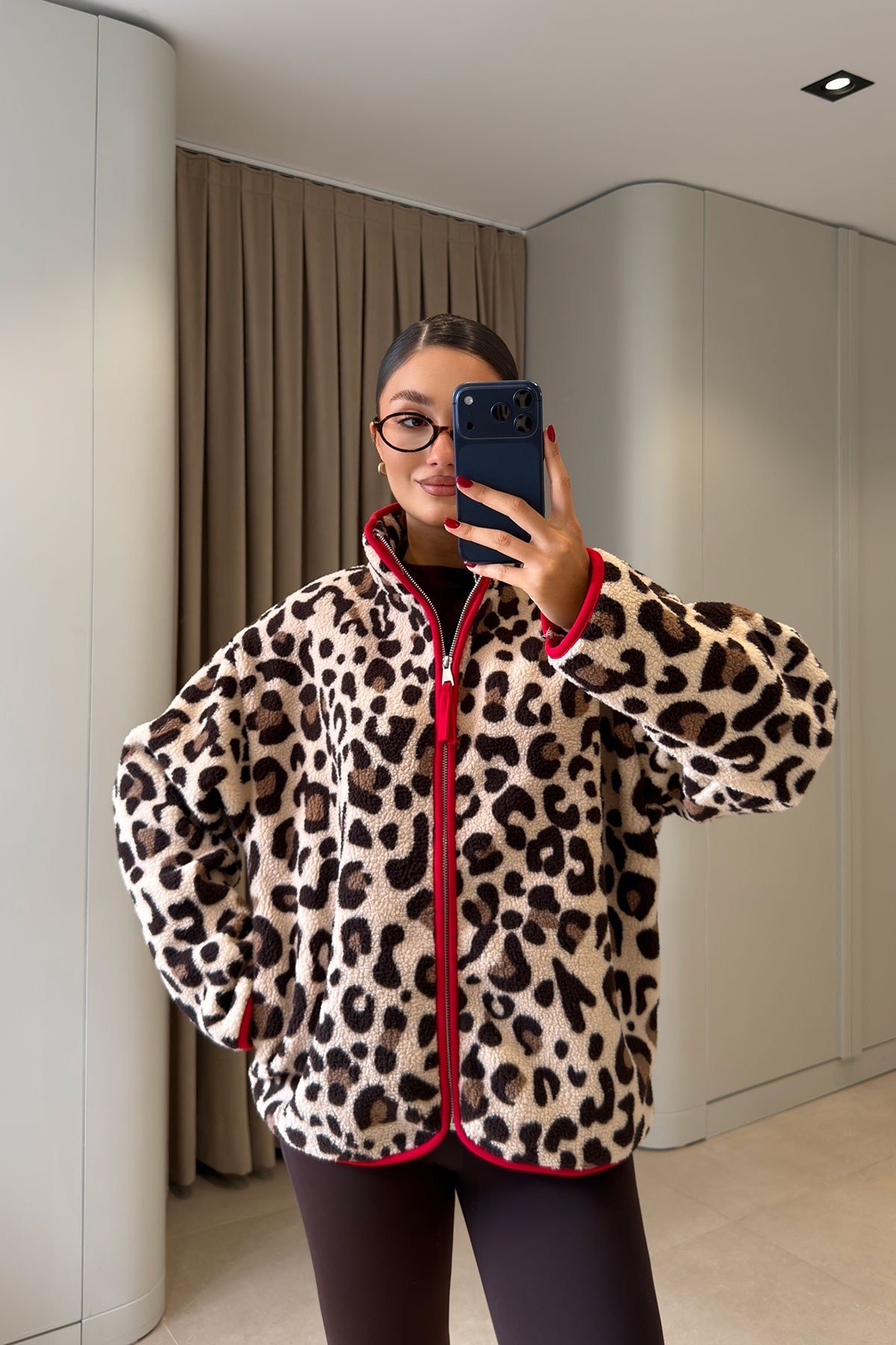 Premium Leopar Desen Fermuarlı Polar- BEJ-KIRMIZI