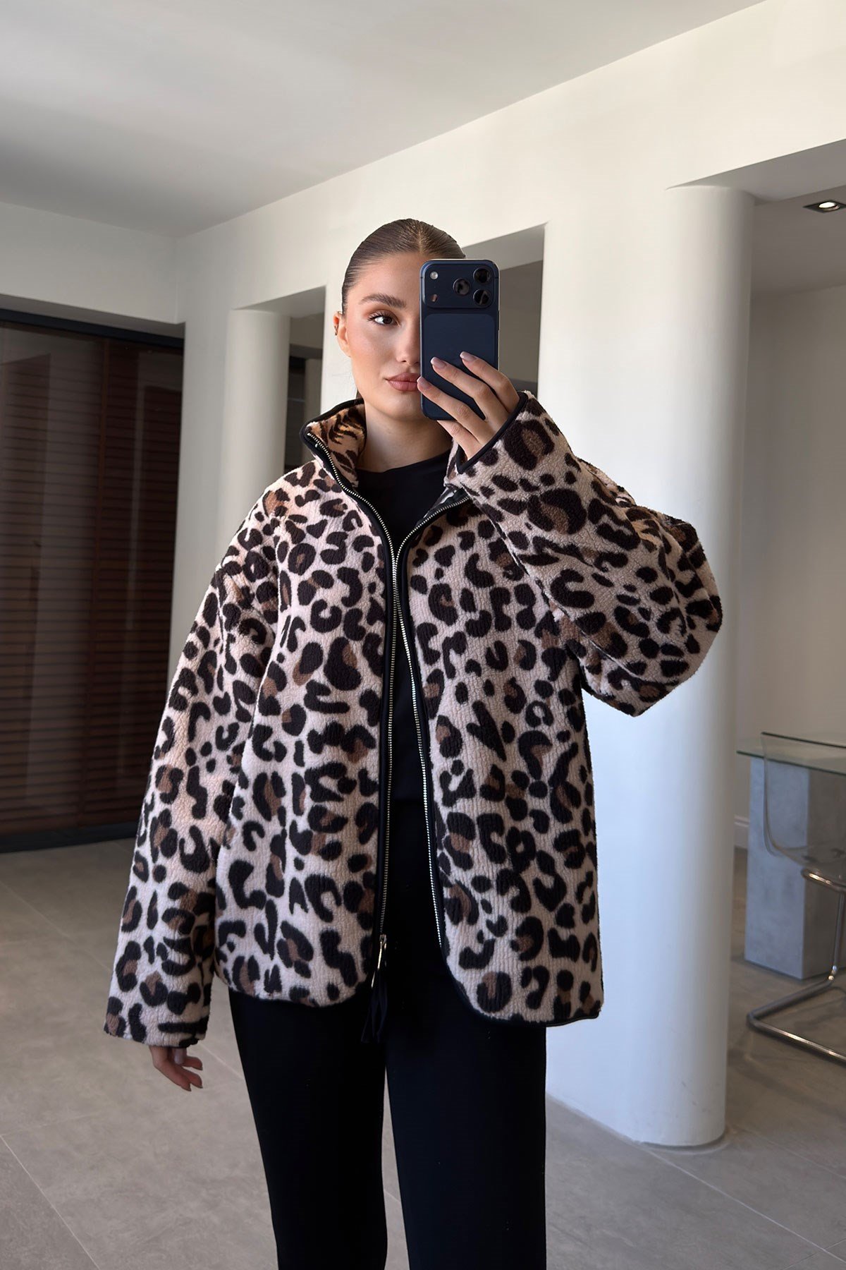 Premium Leopar Desen Fermuarlı Polar- BEJ