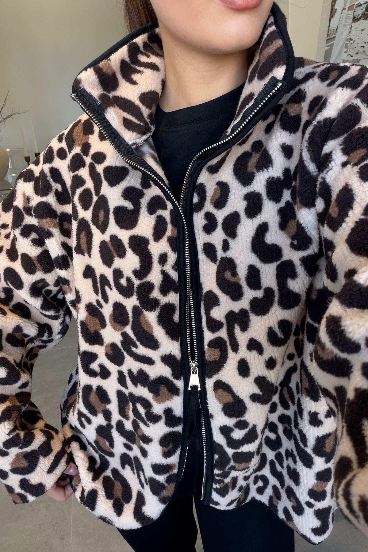 Premium Leopar Desen Fermuarlı Polar- BEJ