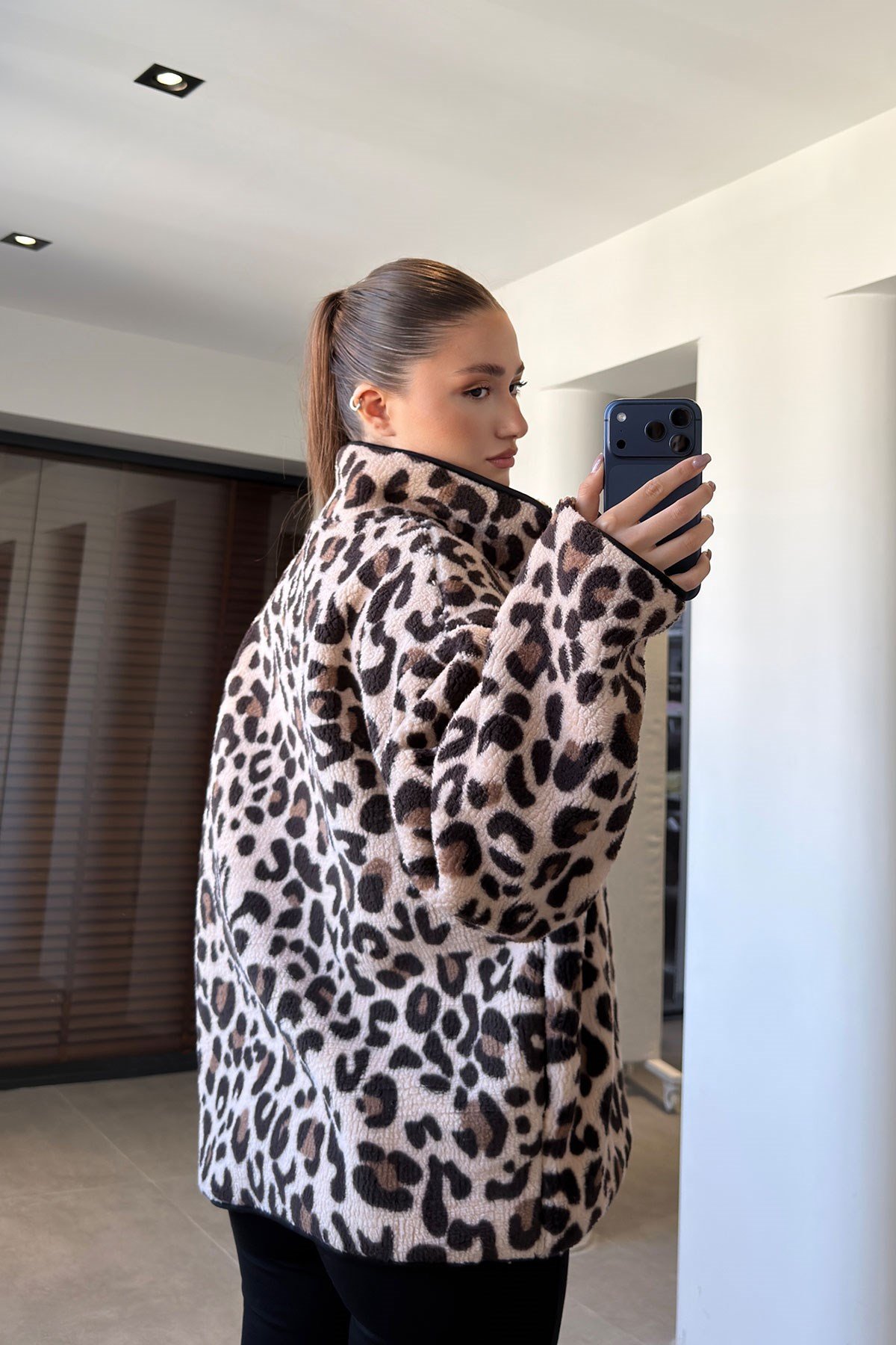 Premium Leopar Desen Fermuarlı Polar- BEJ