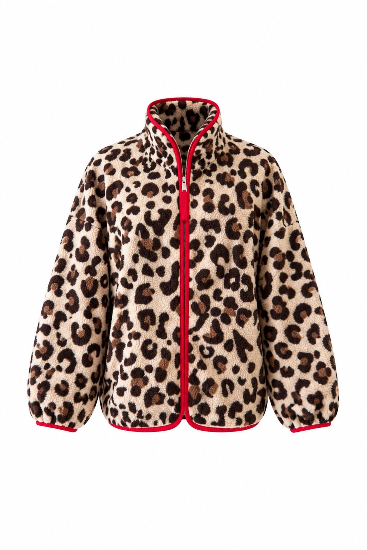 Premium Leopar Desen Fermuarlı Polar- BEJ-KIRMIZI