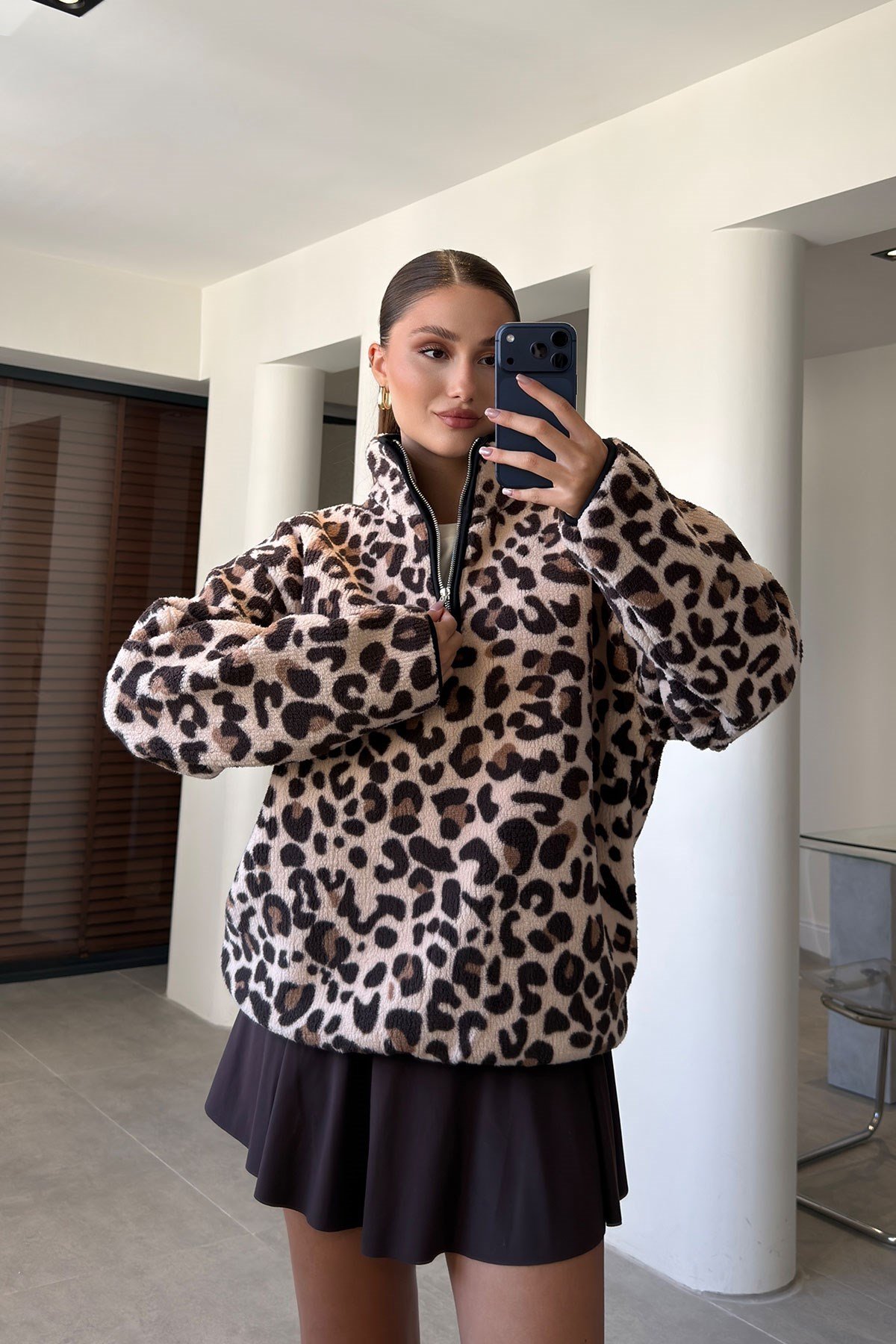 PREMİUM LEOPAR DESENLİ POLAR- KAHVERENGİ