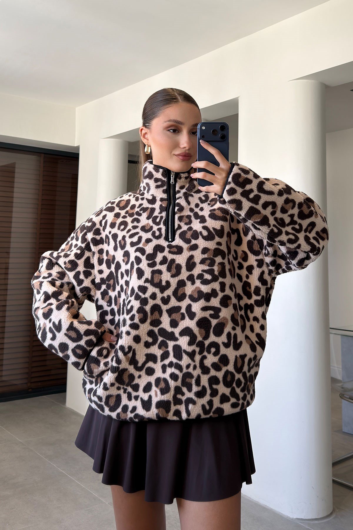 PREMİUM LEOPAR DESENLİ POLAR- KAHVERENGİ