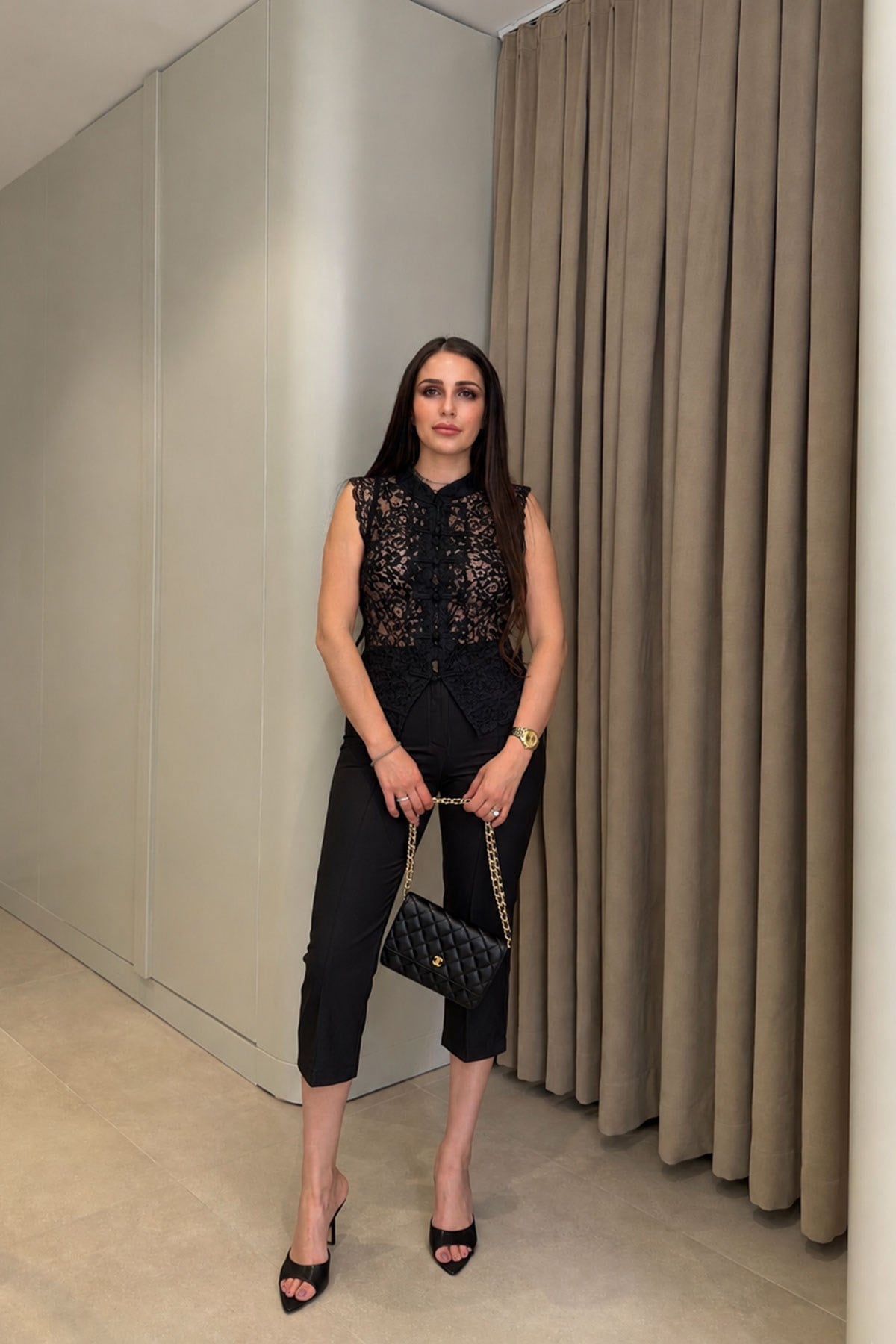 Premium Önü Çimalı Kumaş Kapri Pantolon- SİYAH