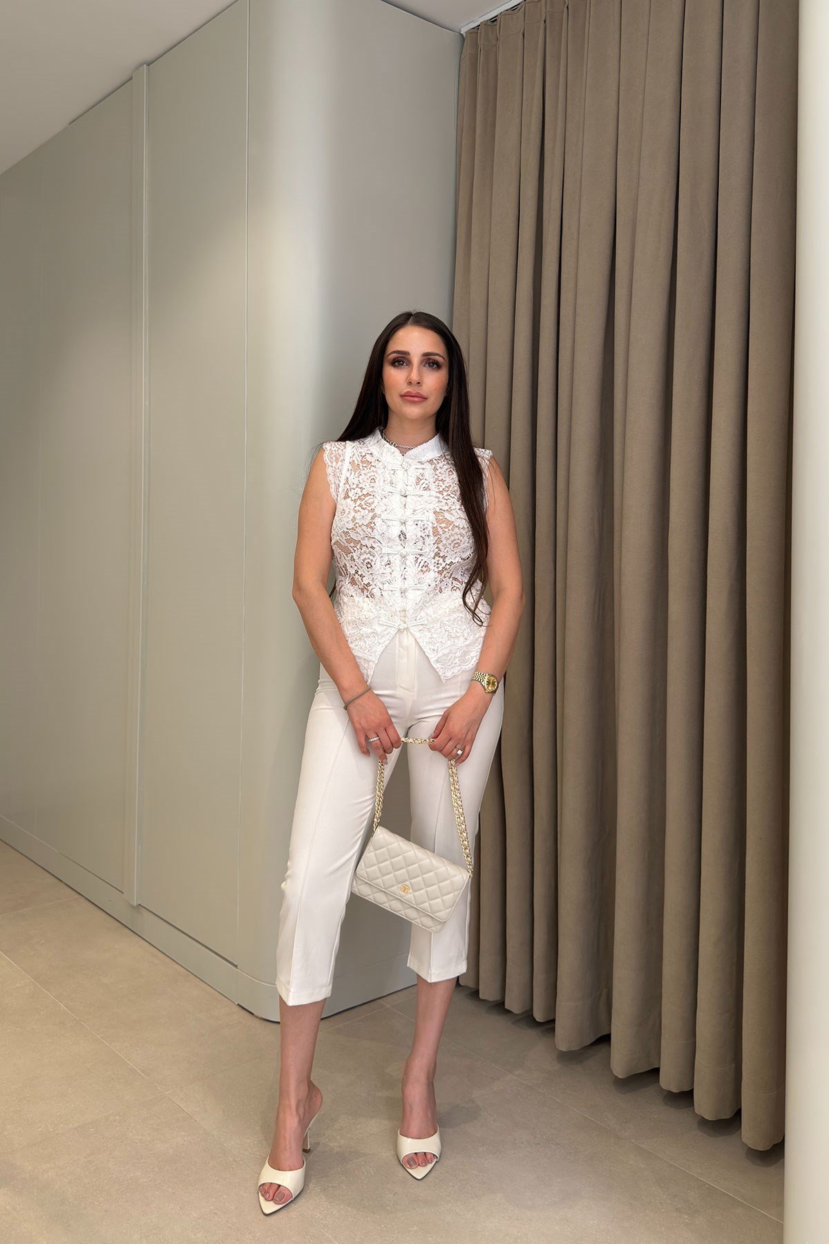 Premium Önü Çimalı Kumaş Kapti Pantolon- BEYAZ