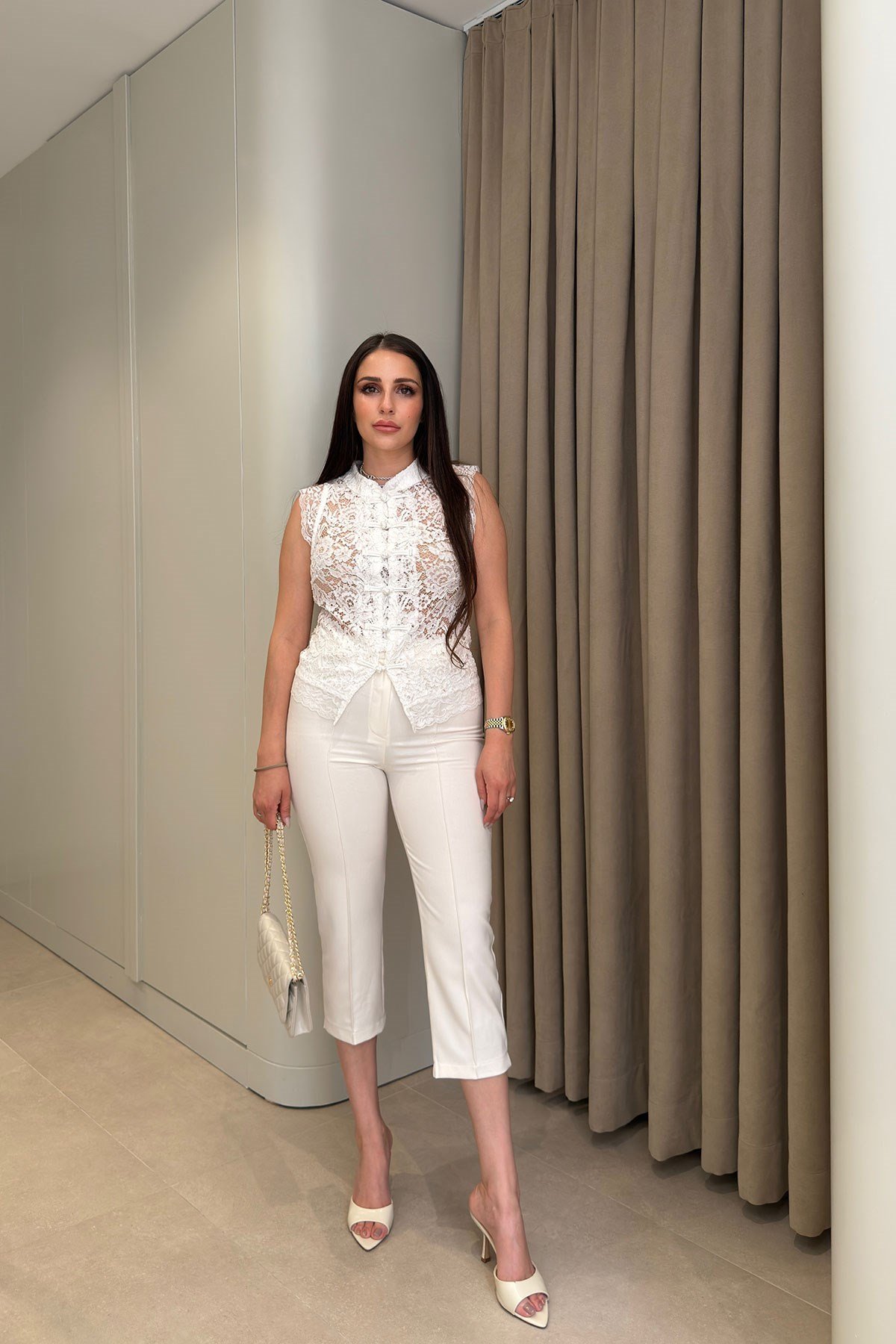 Premium Önü Çimalı Kumaş Kapti Pantolon- BEYAZ