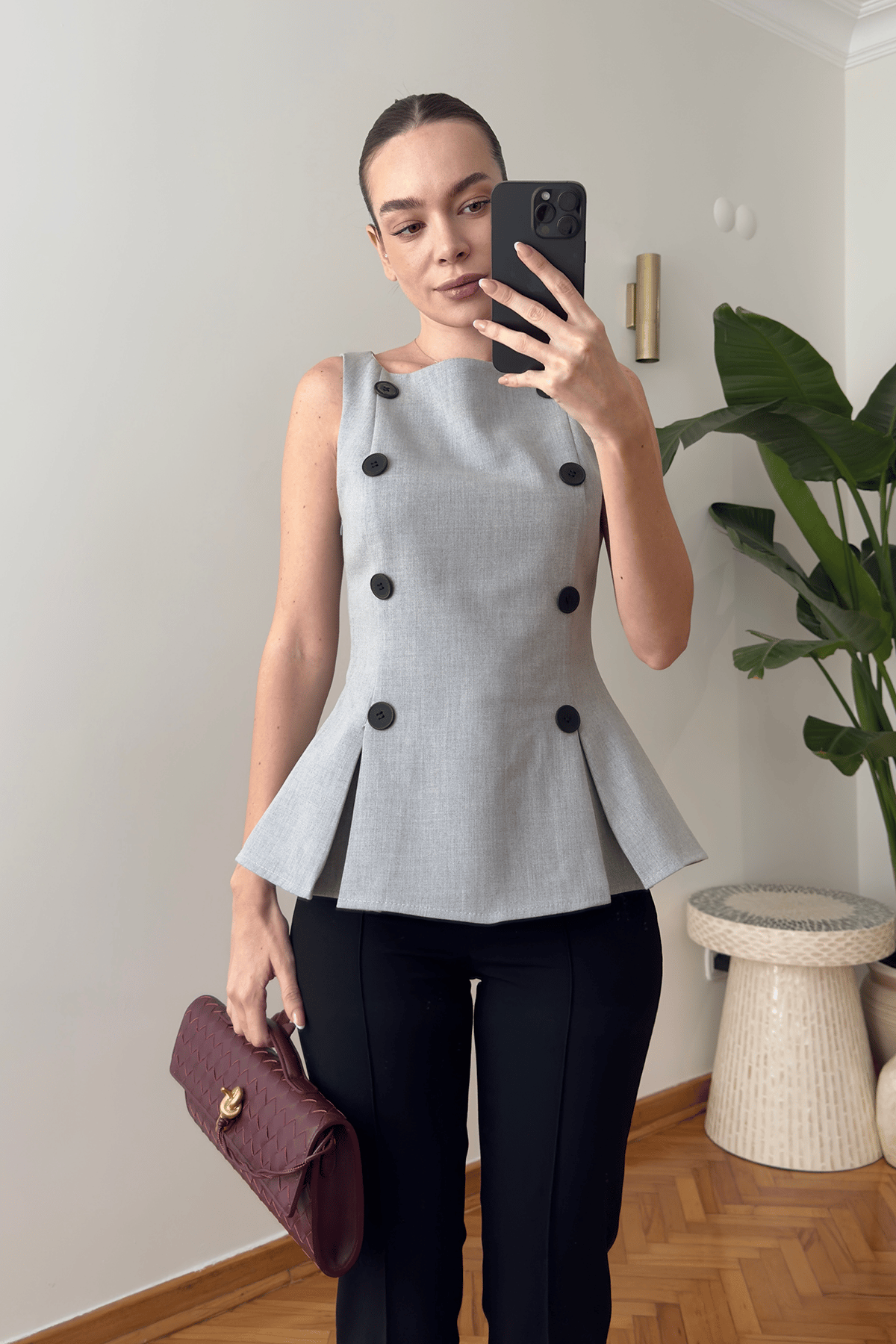Premium Önü Düğmeli Kumaş Bluz- GRİ