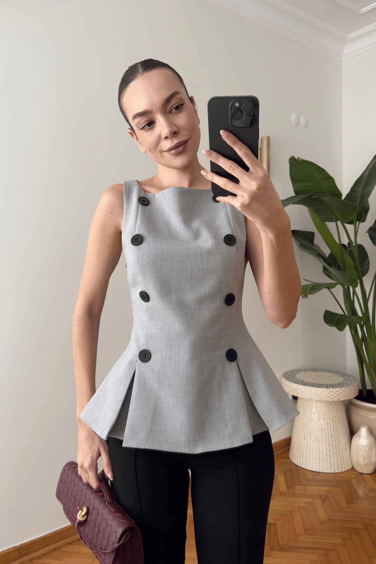 Premium Önü Düğmeli Kumaş Bluz- GRİ