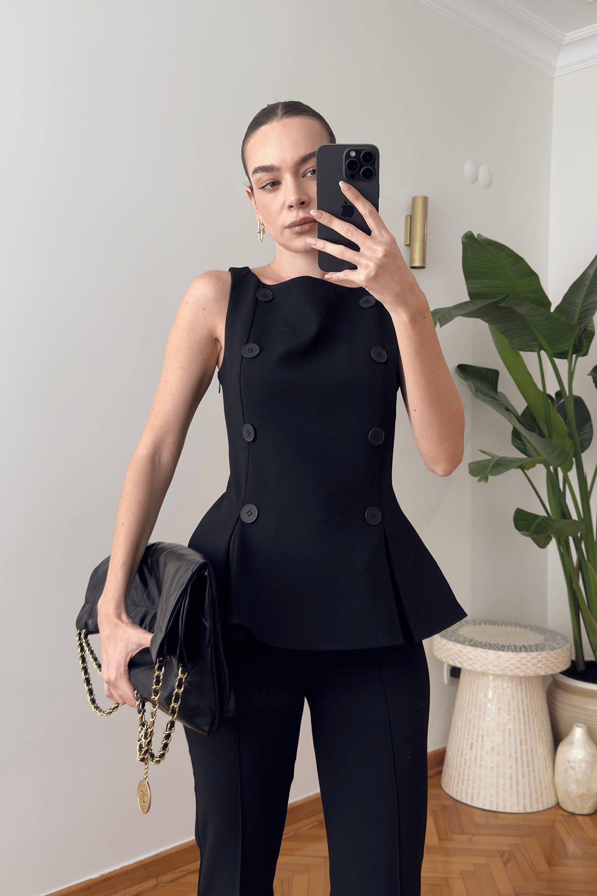 Premium Önü Düğmeli Kumaş Bluz- SİYAH