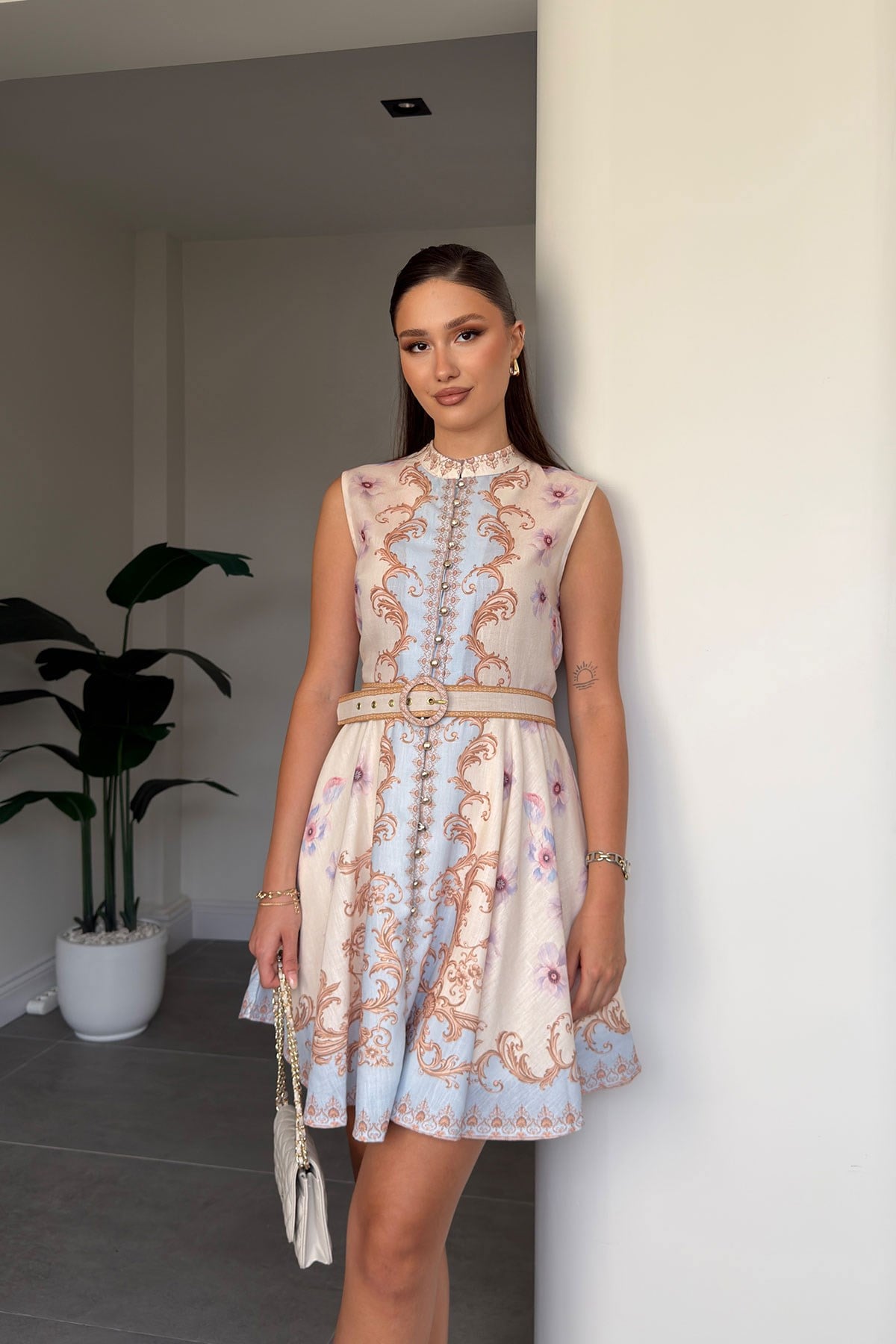 Premium Önü Düğmeli Mini Desenli Elbise- EKRU