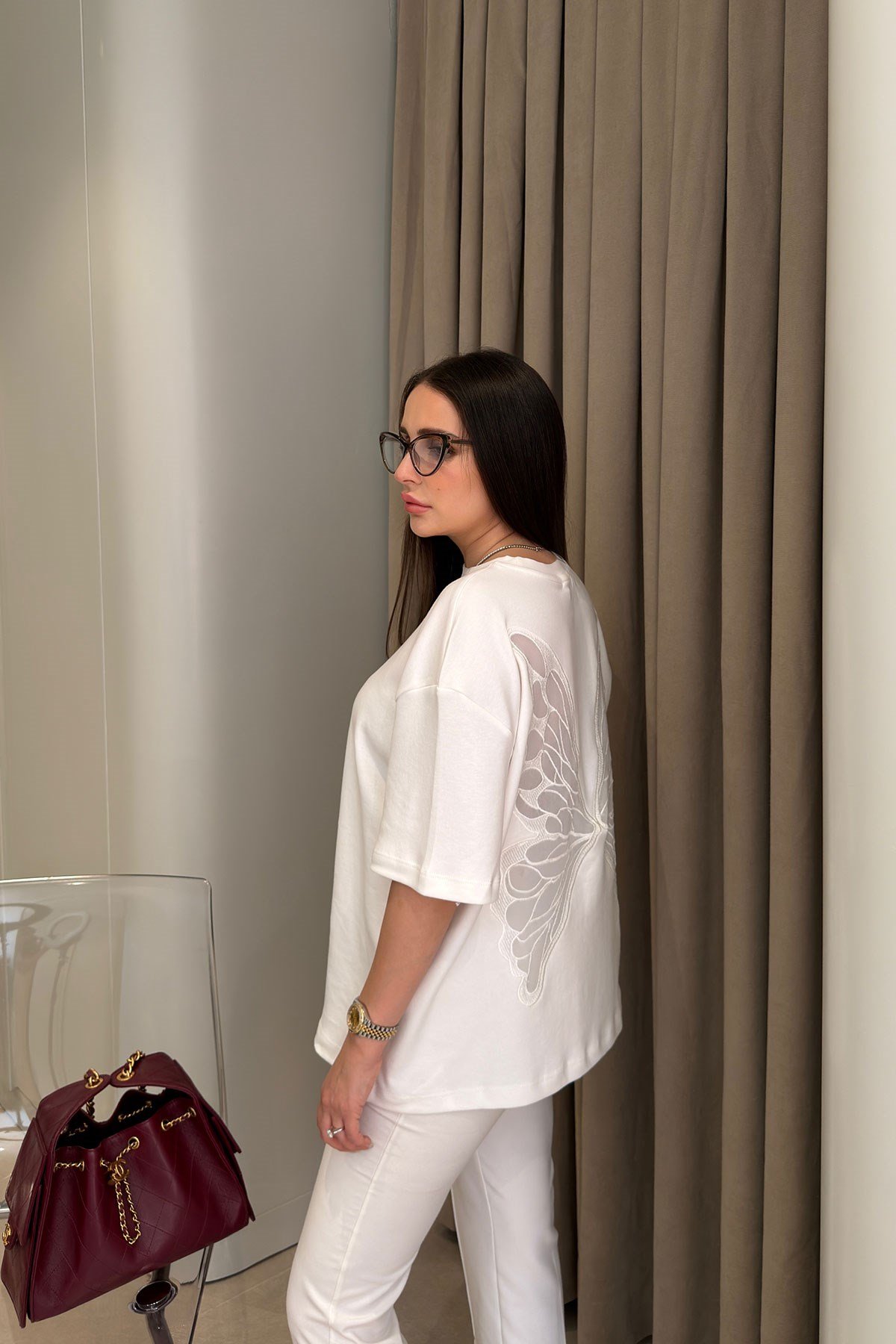 Premium Oversize Kelebek Nakışlı Bluz- BEYAZ