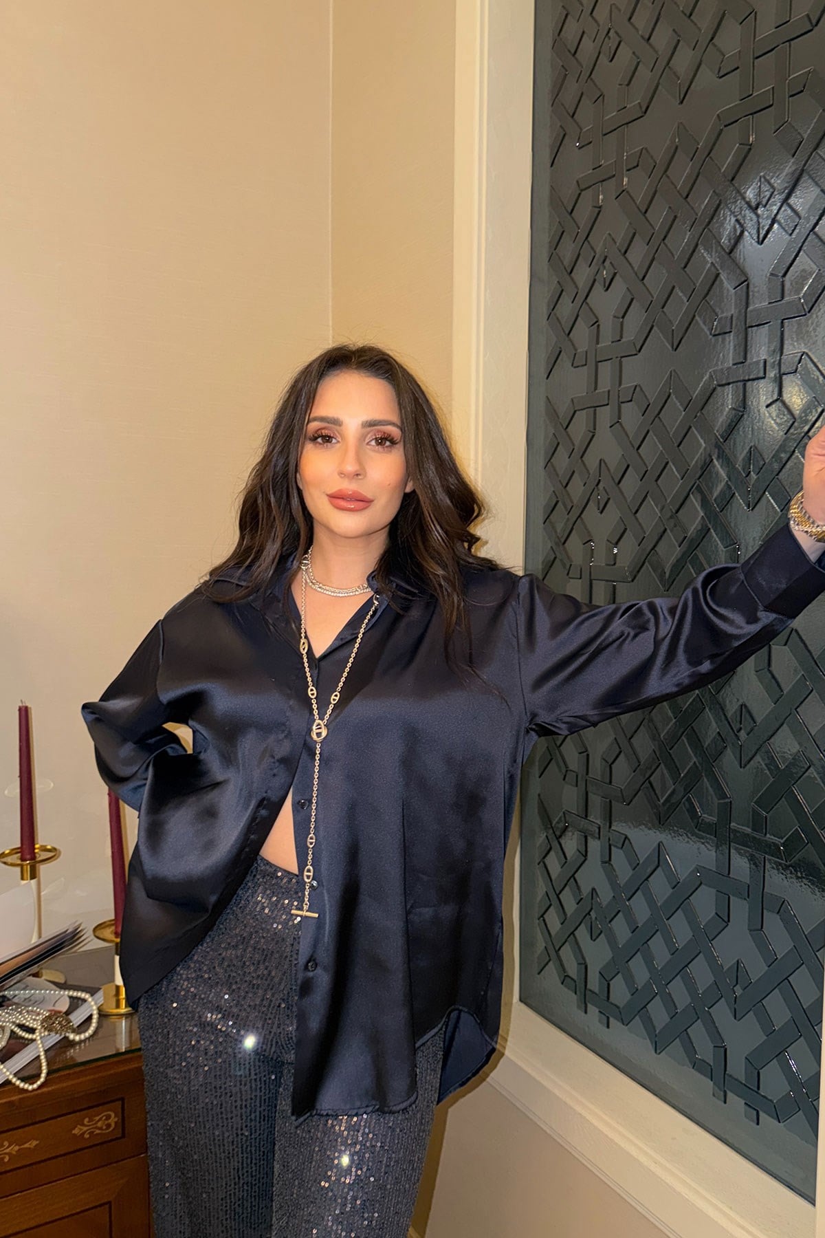 Premium Oversize Saten Gömlek- LACİVERT