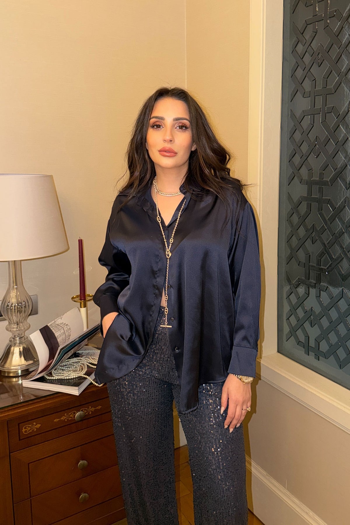 Premium Oversize Saten Gömlek- LACİVERT