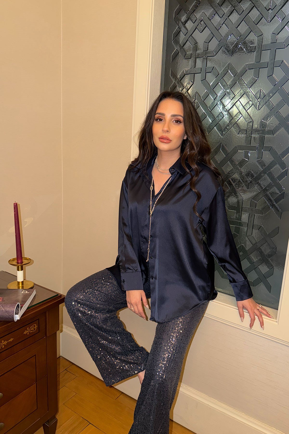 Premium Oversize Saten Gömlek- LACİVERT