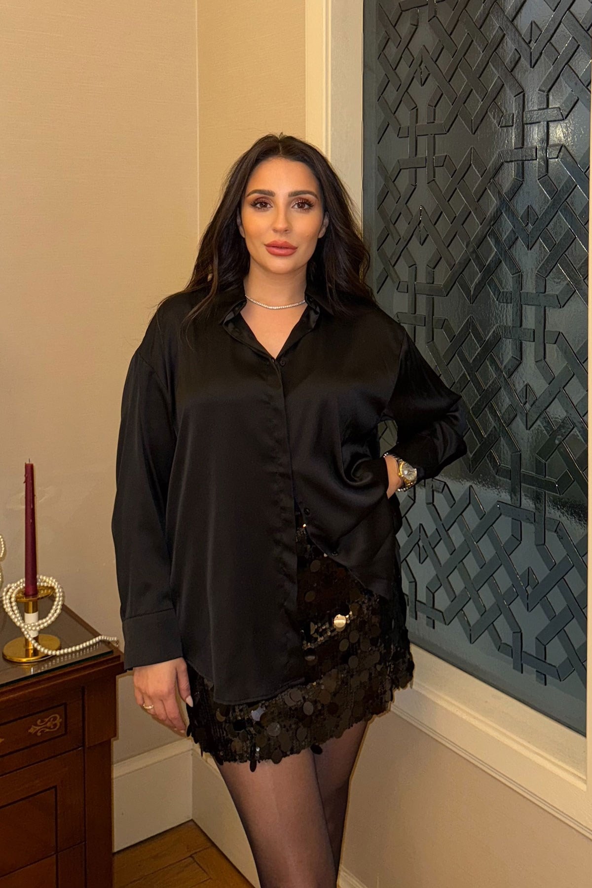 Premium Oversize Saten Gömlek- SİYAH