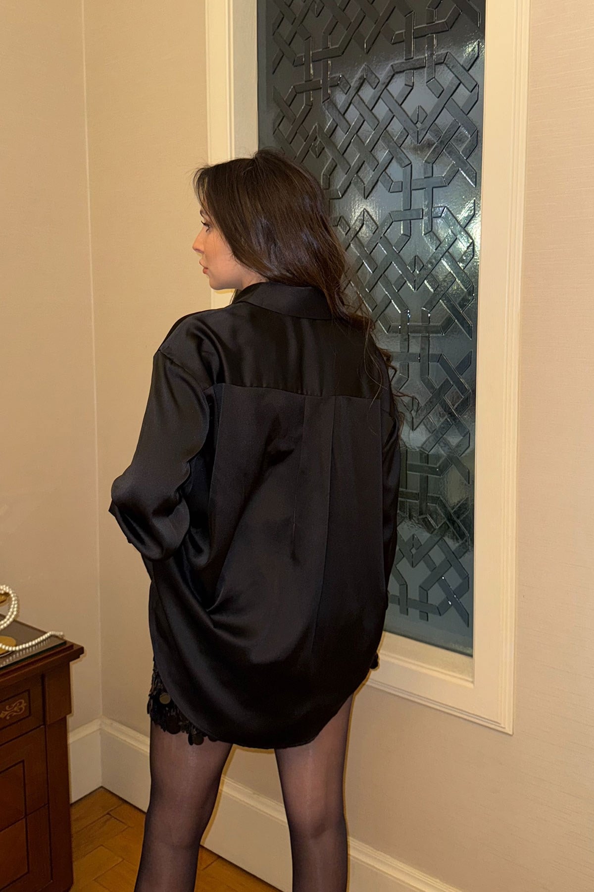 Premium Oversize Saten Gömlek- SİYAH