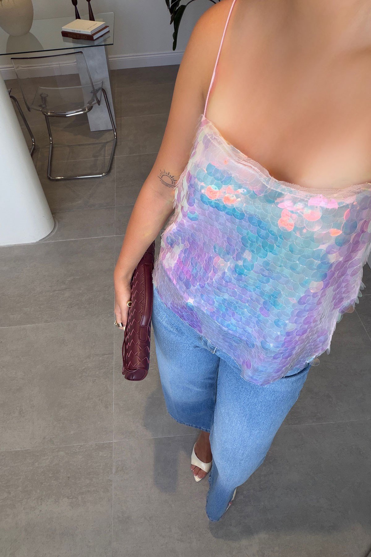 PREMİUM PAYETLİ İP ASKILI BLUZ- PEMBE