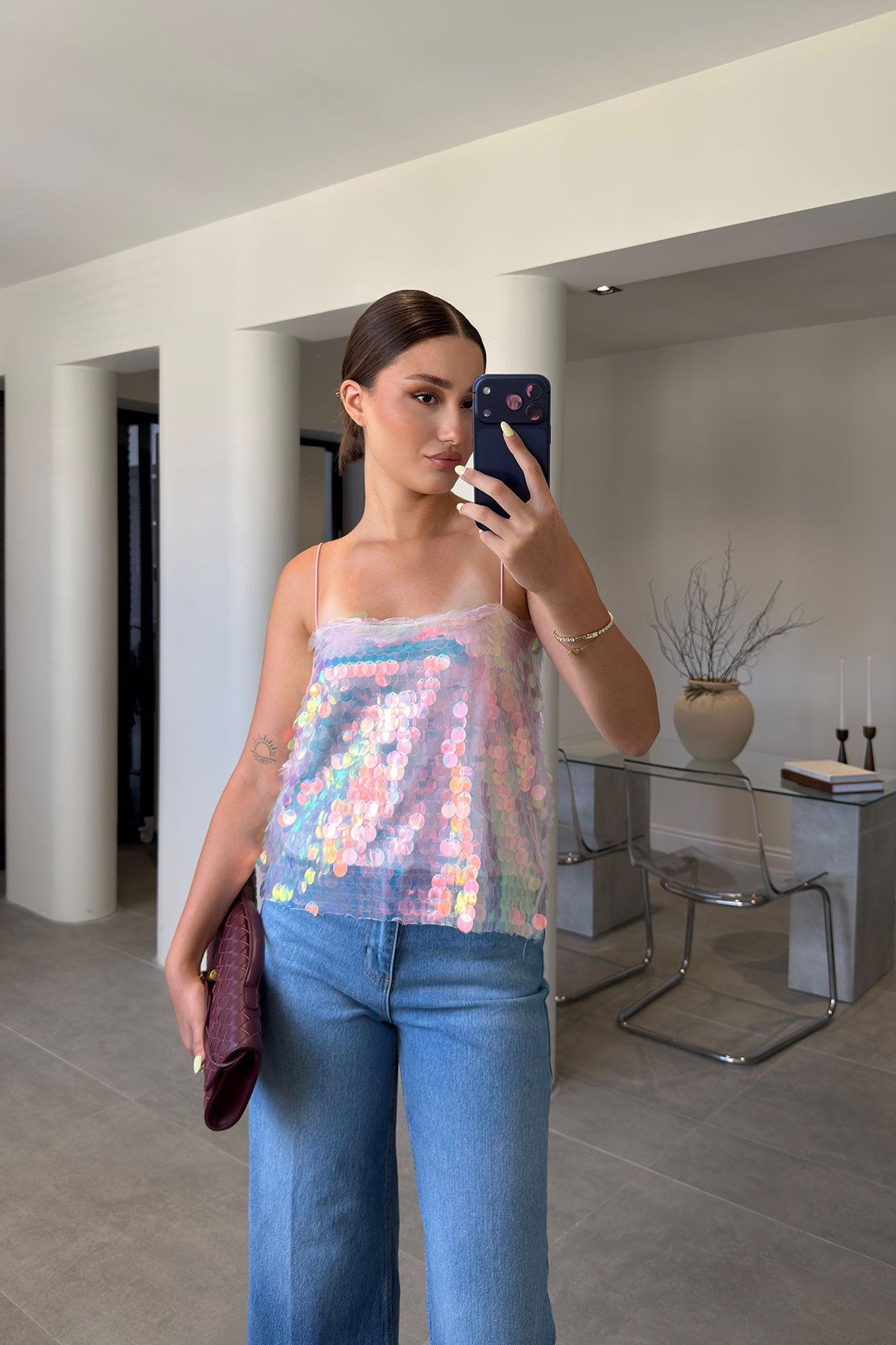 PREMİUM PAYETLİ İP ASKILI BLUZ- PEMBE
