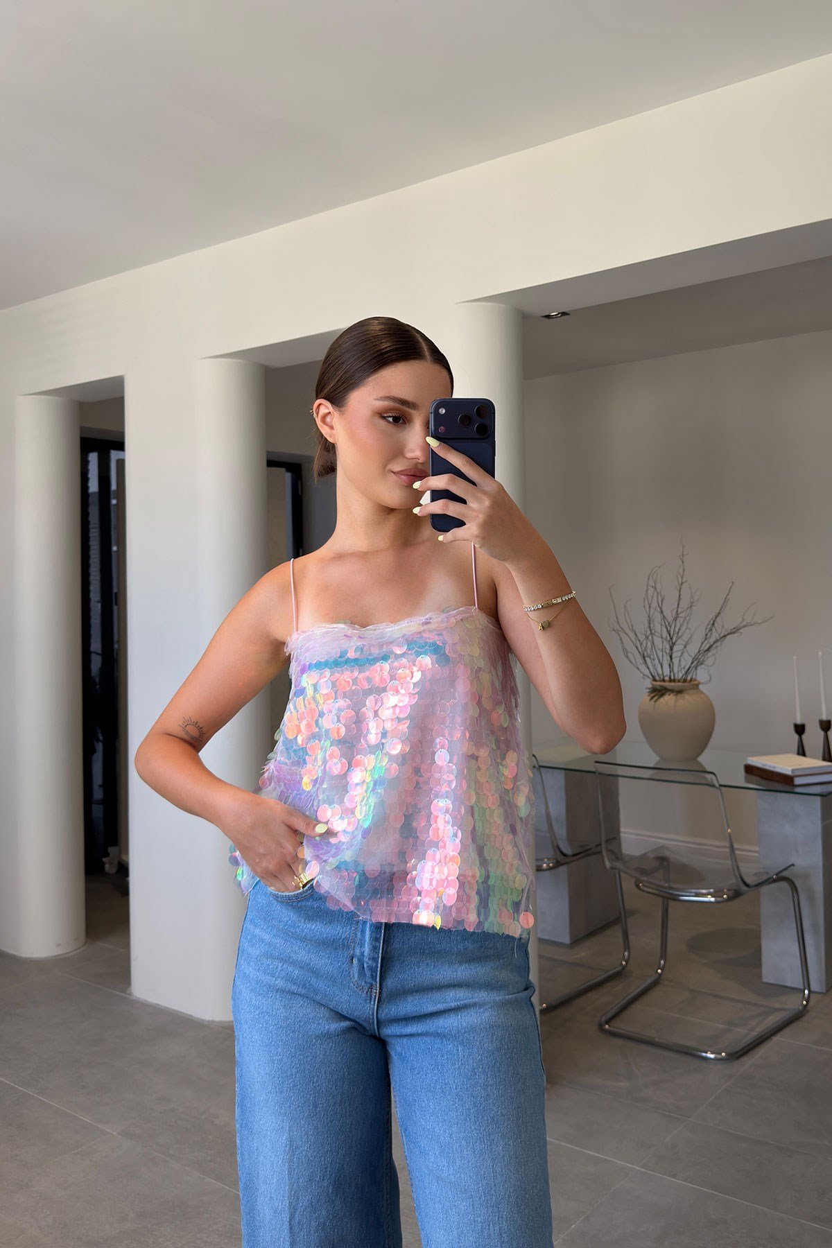PREMİUM PAYETLİ İP ASKILI BLUZ- PEMBE