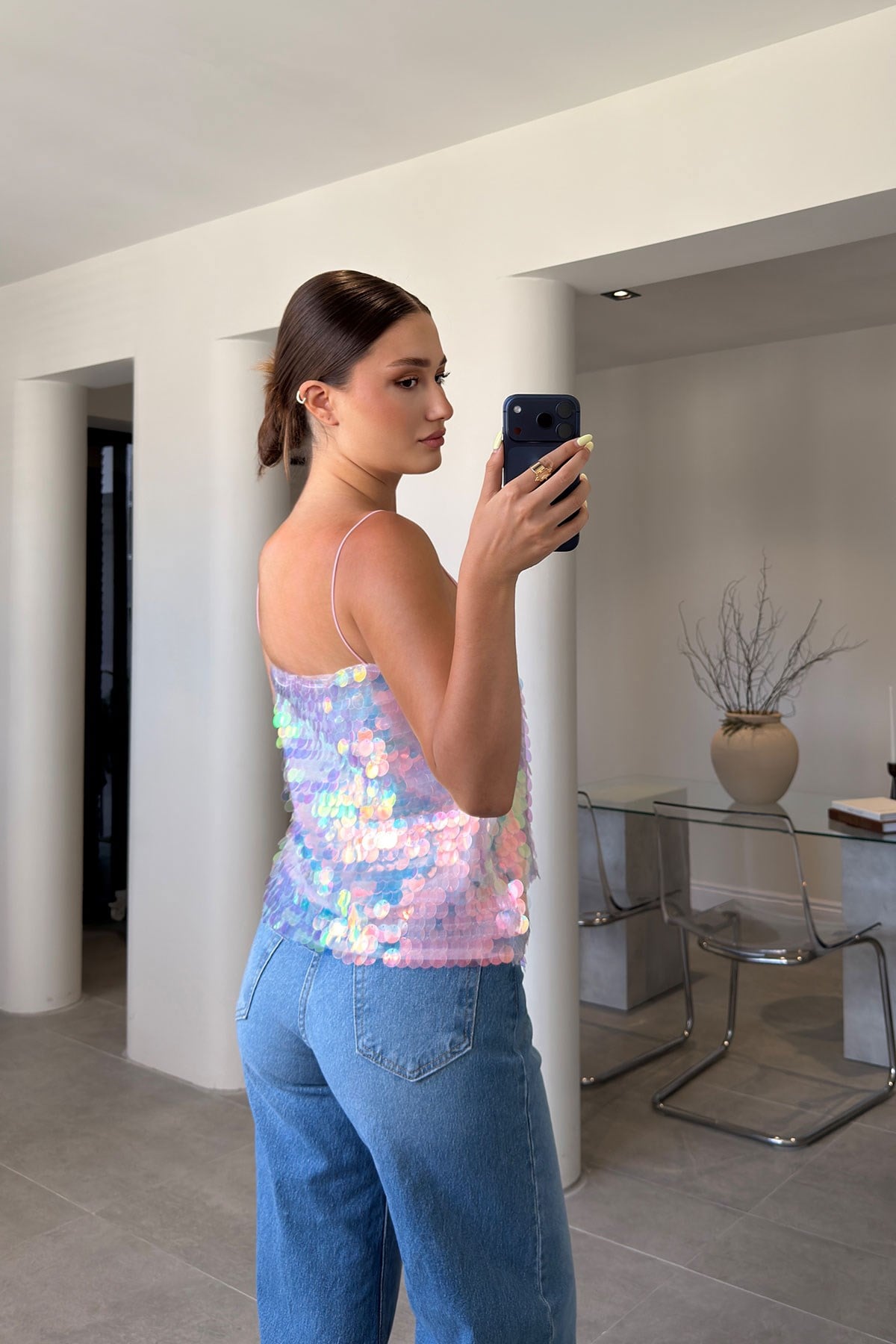 PREMİUM PAYETLİ İP ASKILI BLUZ- PEMBE