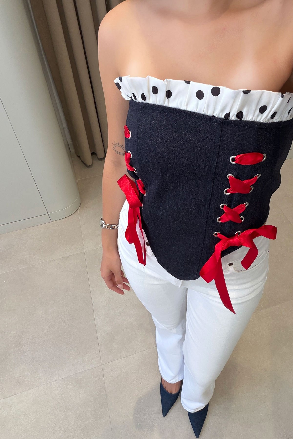Premium Puantiye Desen Denim Büstiyer- KOYU LACİVERT