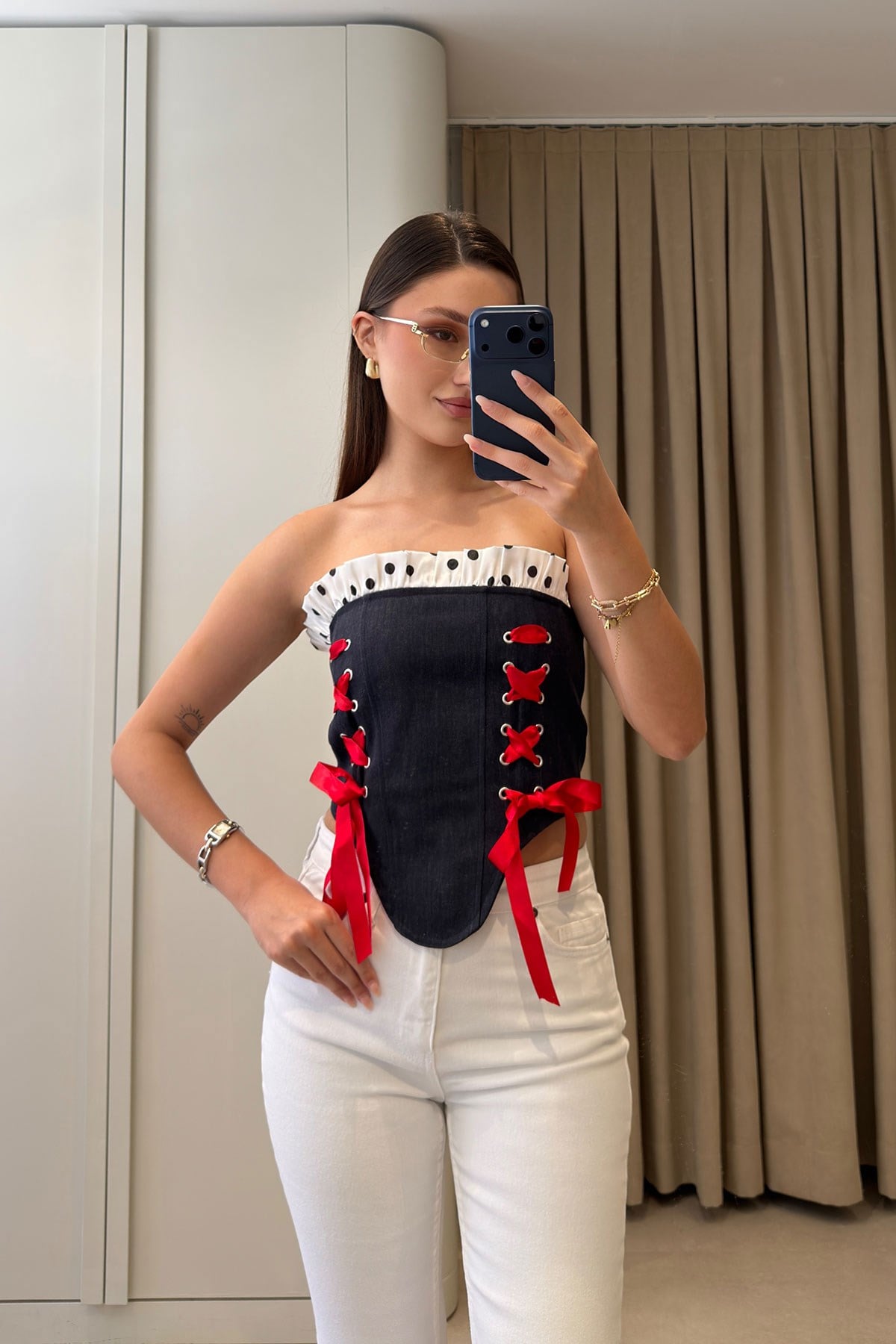 Premium Puantiye Desen Denim Büstiyer- KOYU LACİVERT