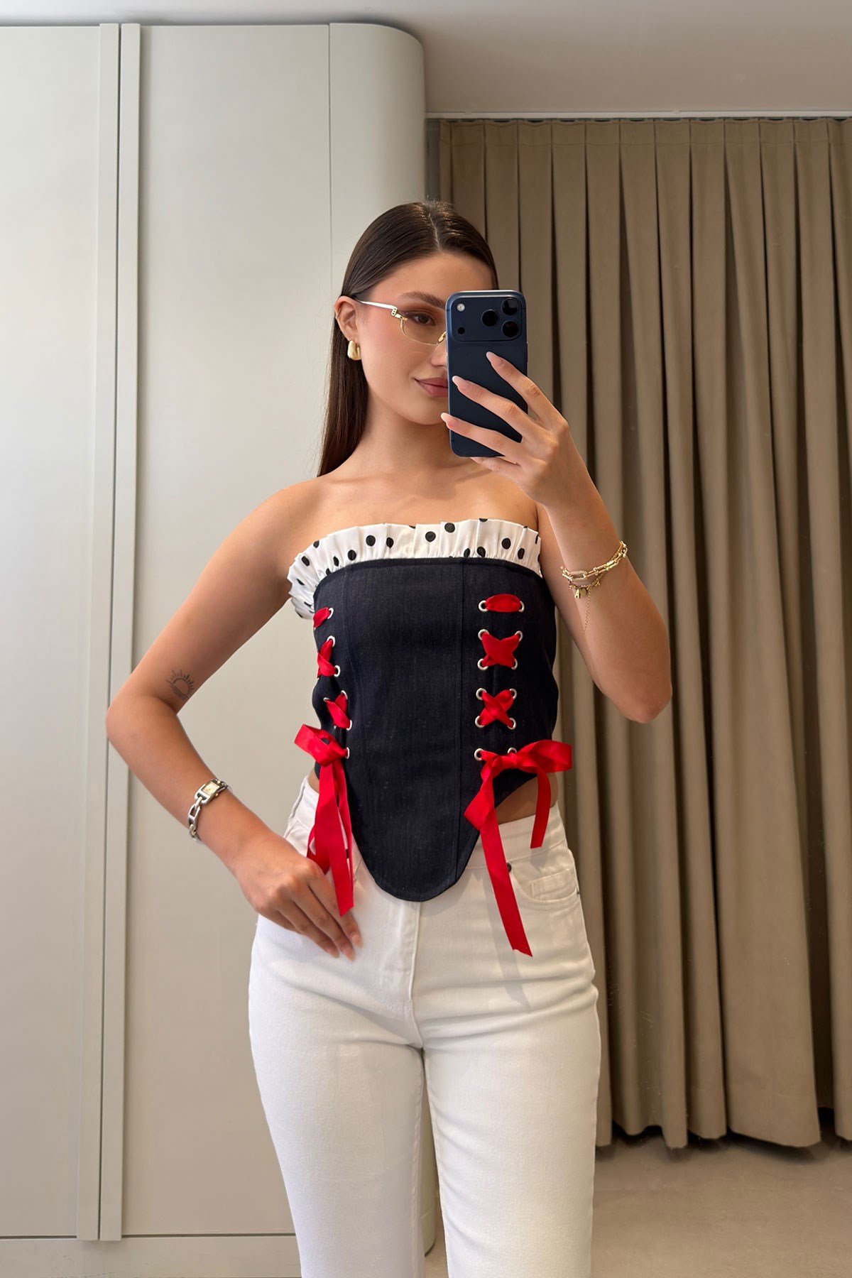 Premium Puantiye Desen Denim Büstiyer- KOYU LACİVERT