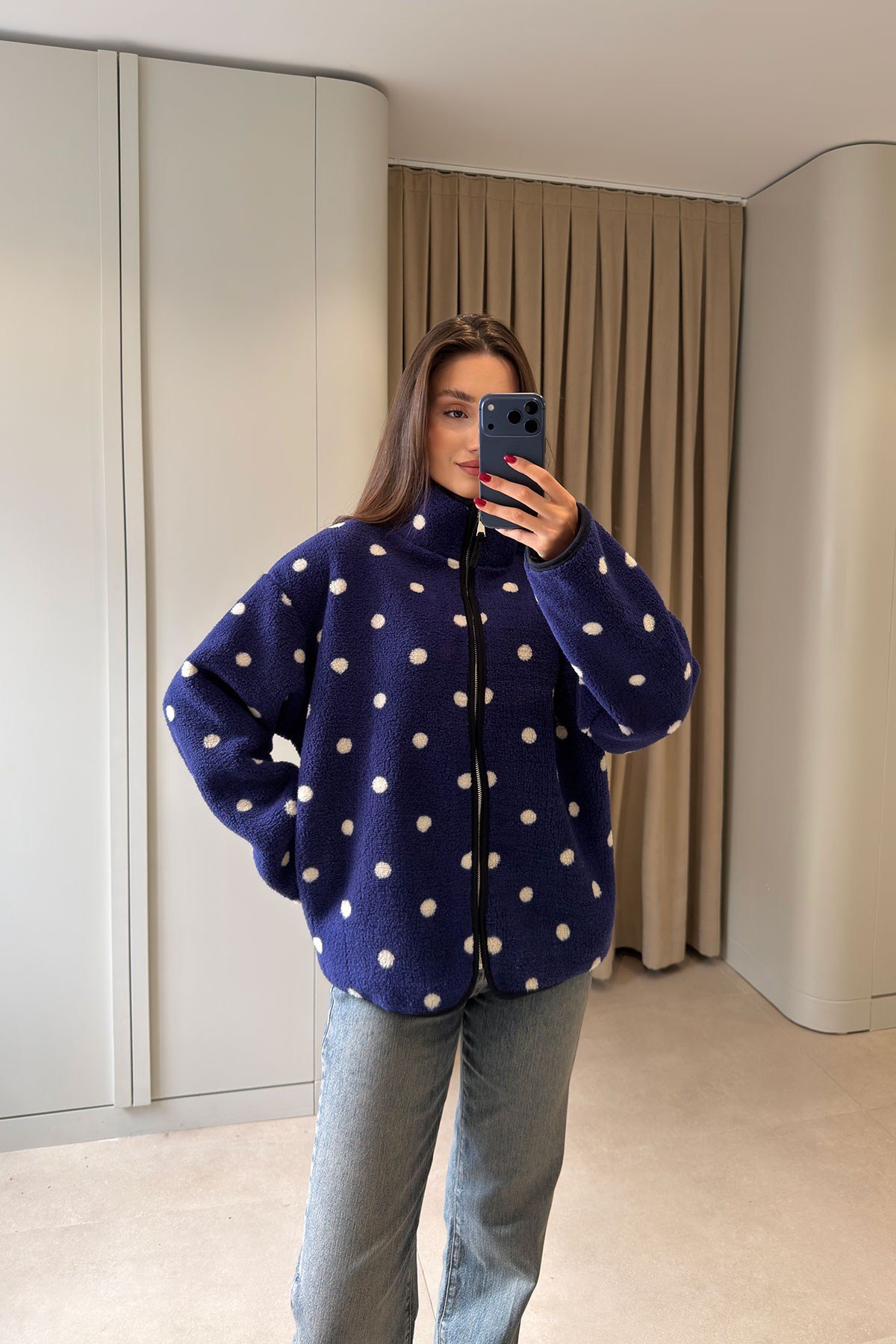 PREMİUM PUANTİYE DESENLİ FERMUARLI POLAR HIRKA- MAVİ-EKRU