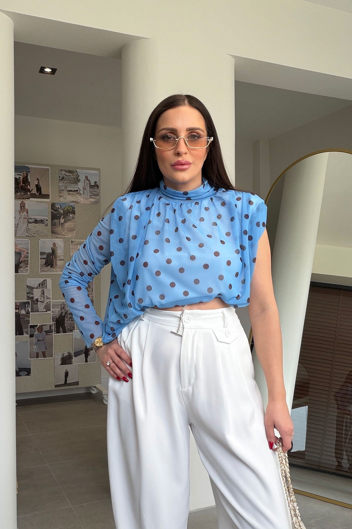 Premium Puantiyeli Dik Yaka Bluz- MAVİ