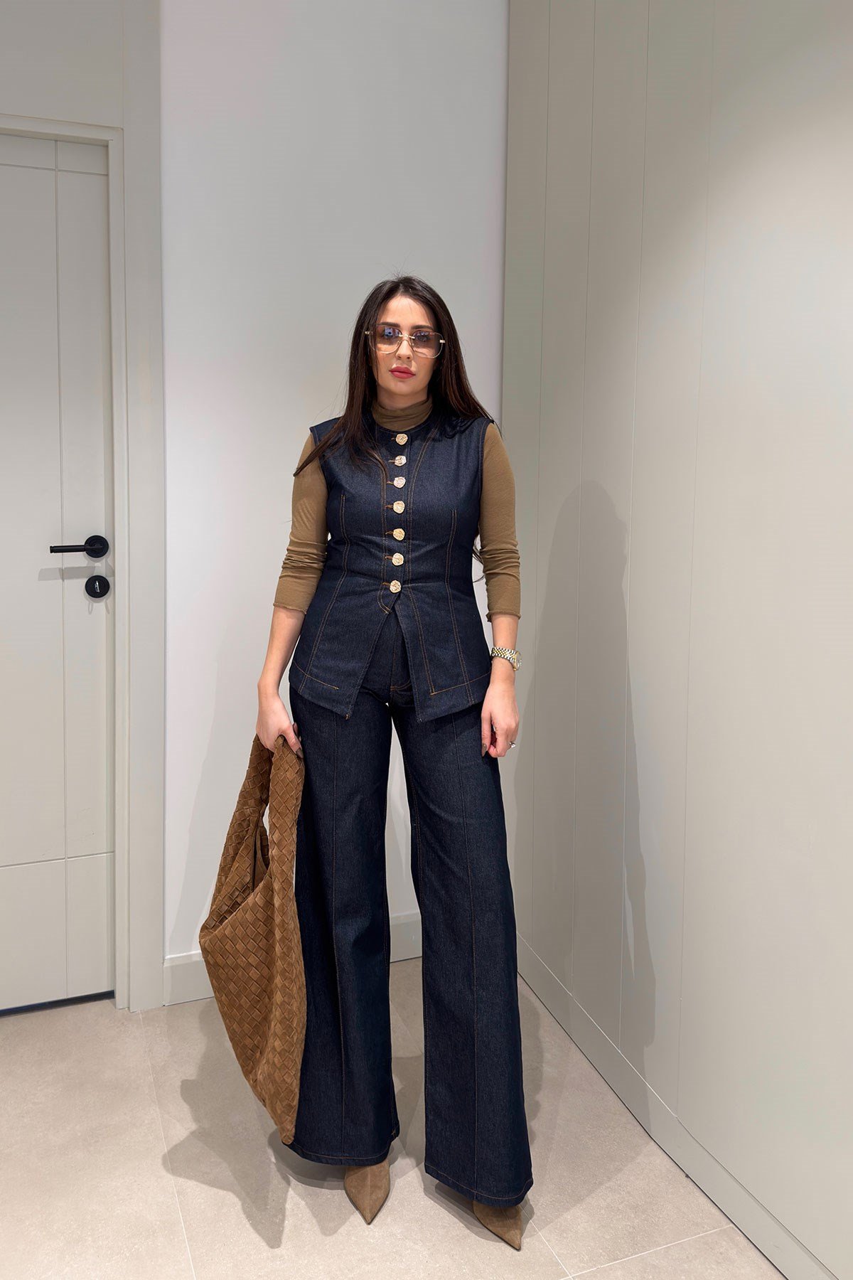 Premium Seri Gold Düğmeli  Jean Yelek- KOYU LACİVERT