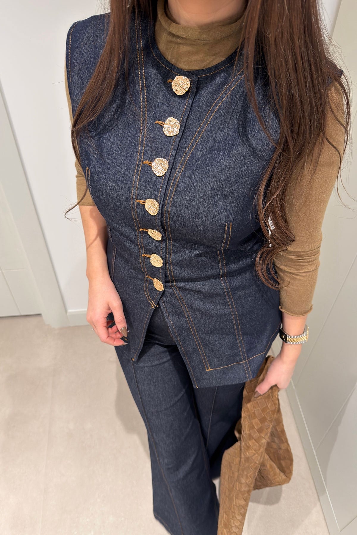 Premium Seri Gold Düğmeli  Jean Yelek- KOYU LACİVERT