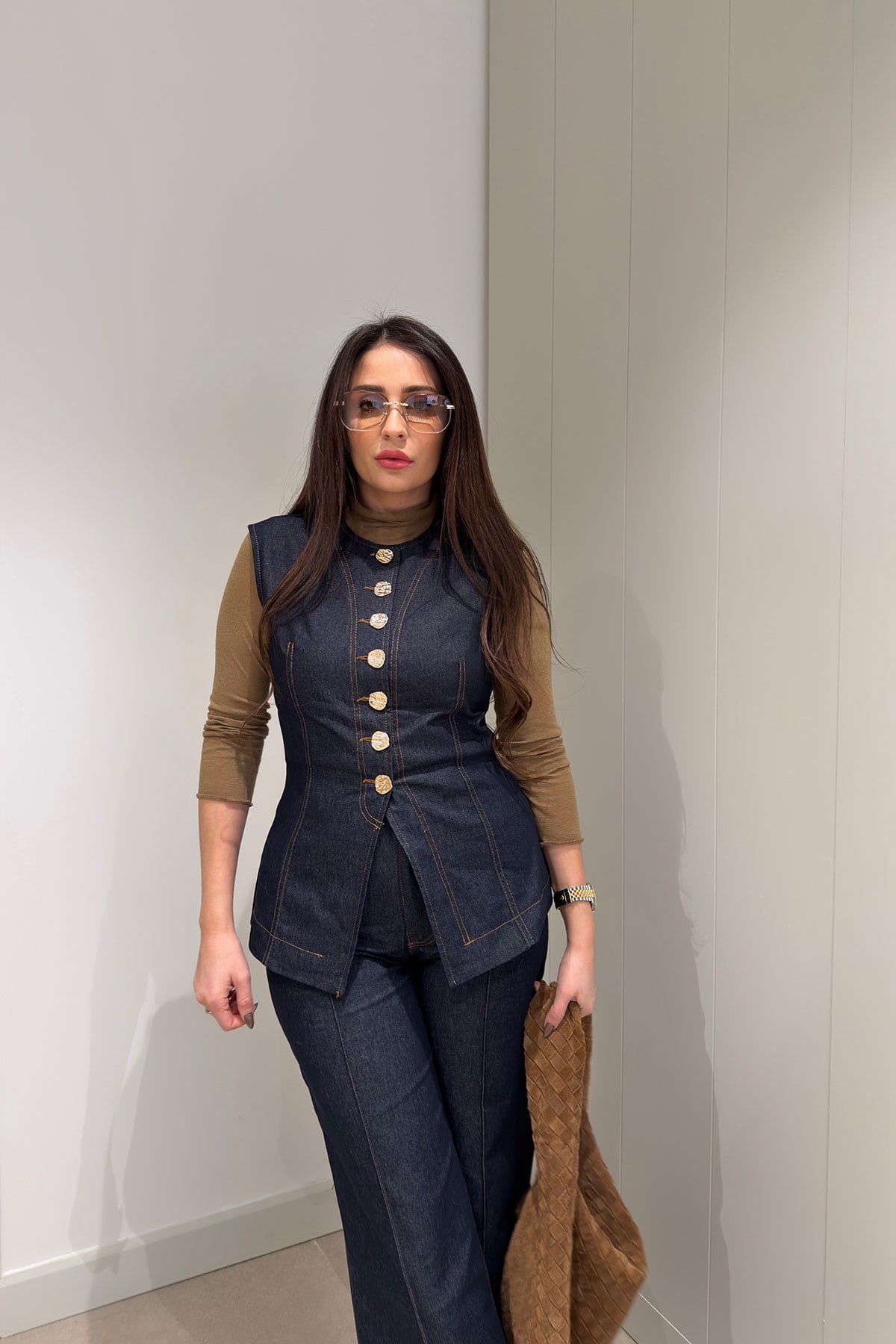 Premium Seri Gold Düğmeli  Jean Yelek- KOYU LACİVERT