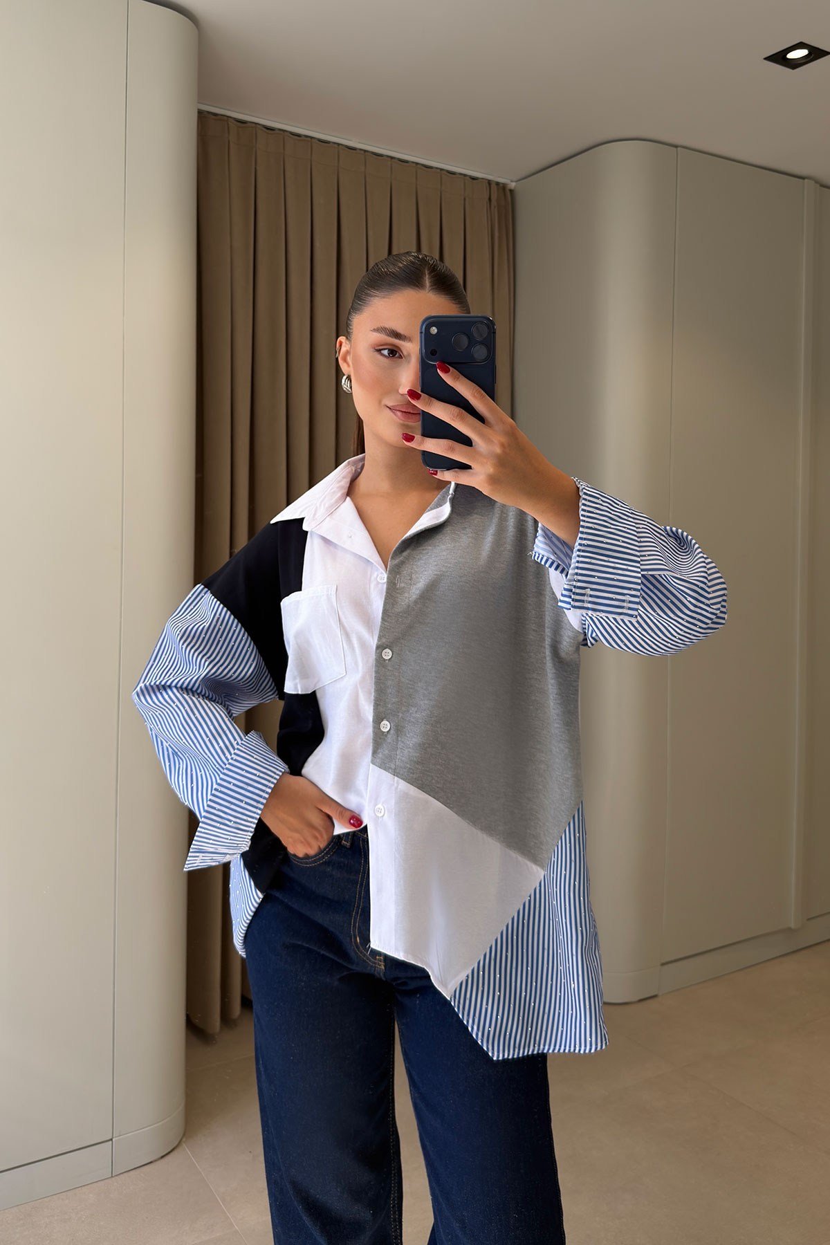 Premium Taş İşlemeli Oversize Gömlek- LACİVERT