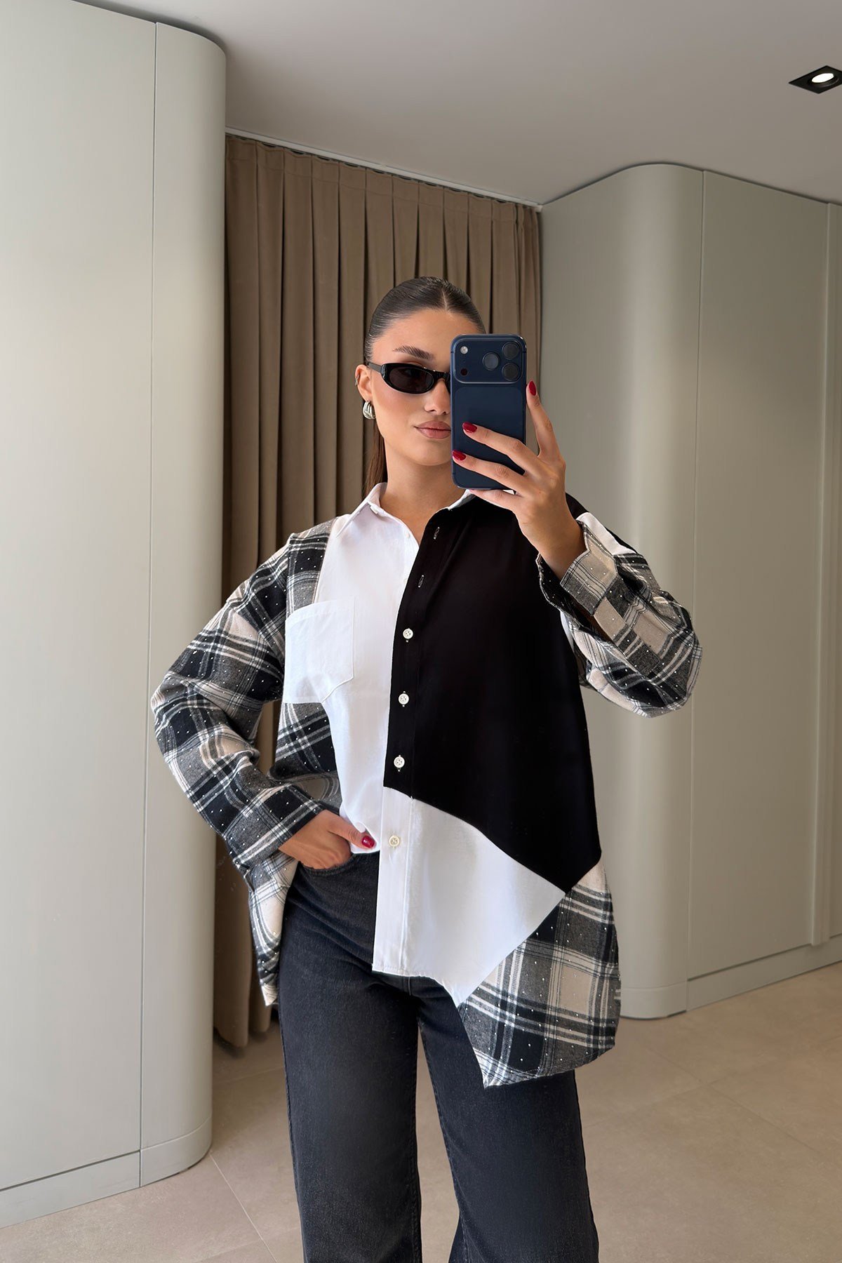Premium Taş İşlemeli Oversize Gömlek- SİYAH