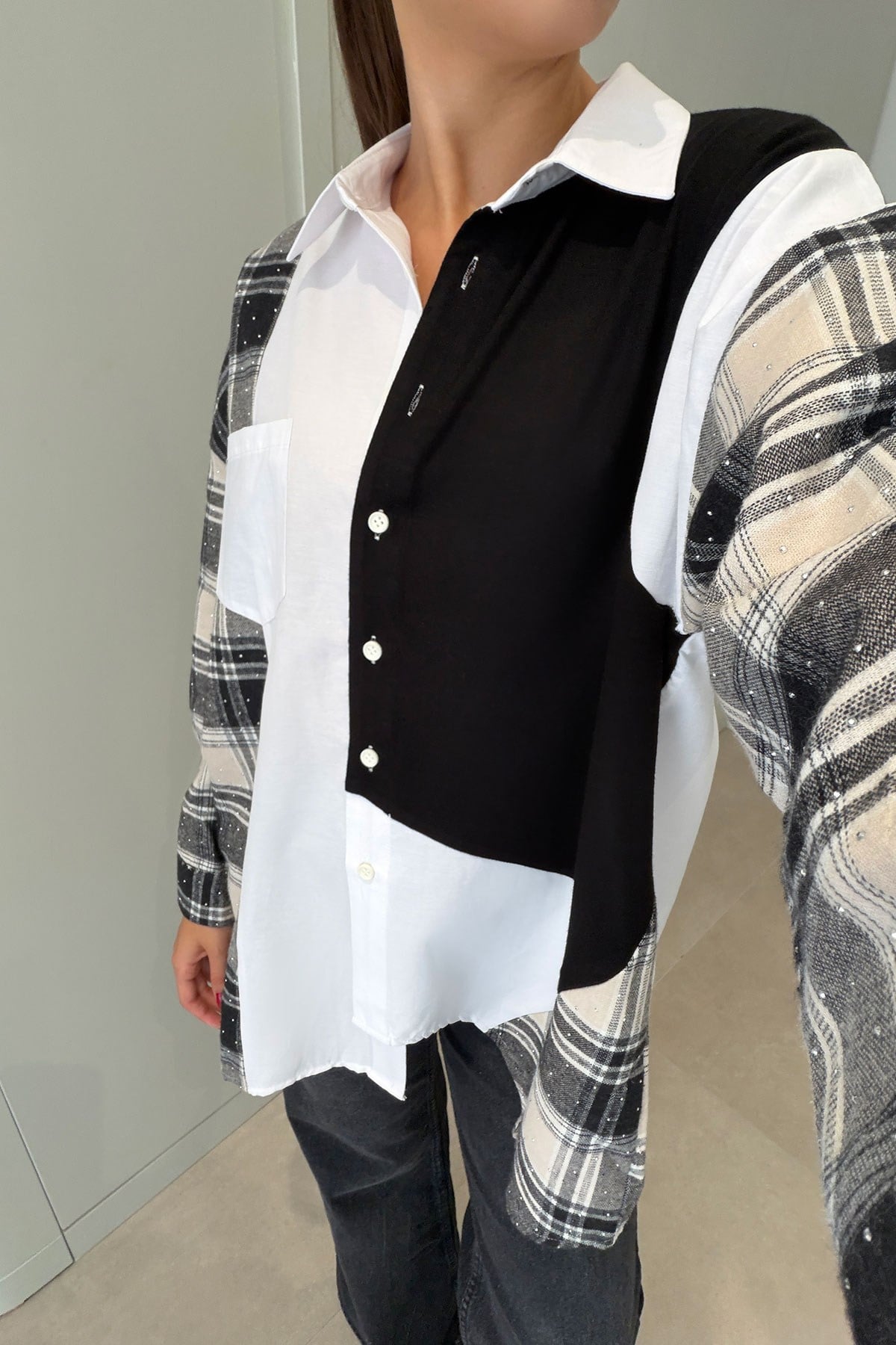 Premium Taş İşlemeli Oversize Gömlek- SİYAH