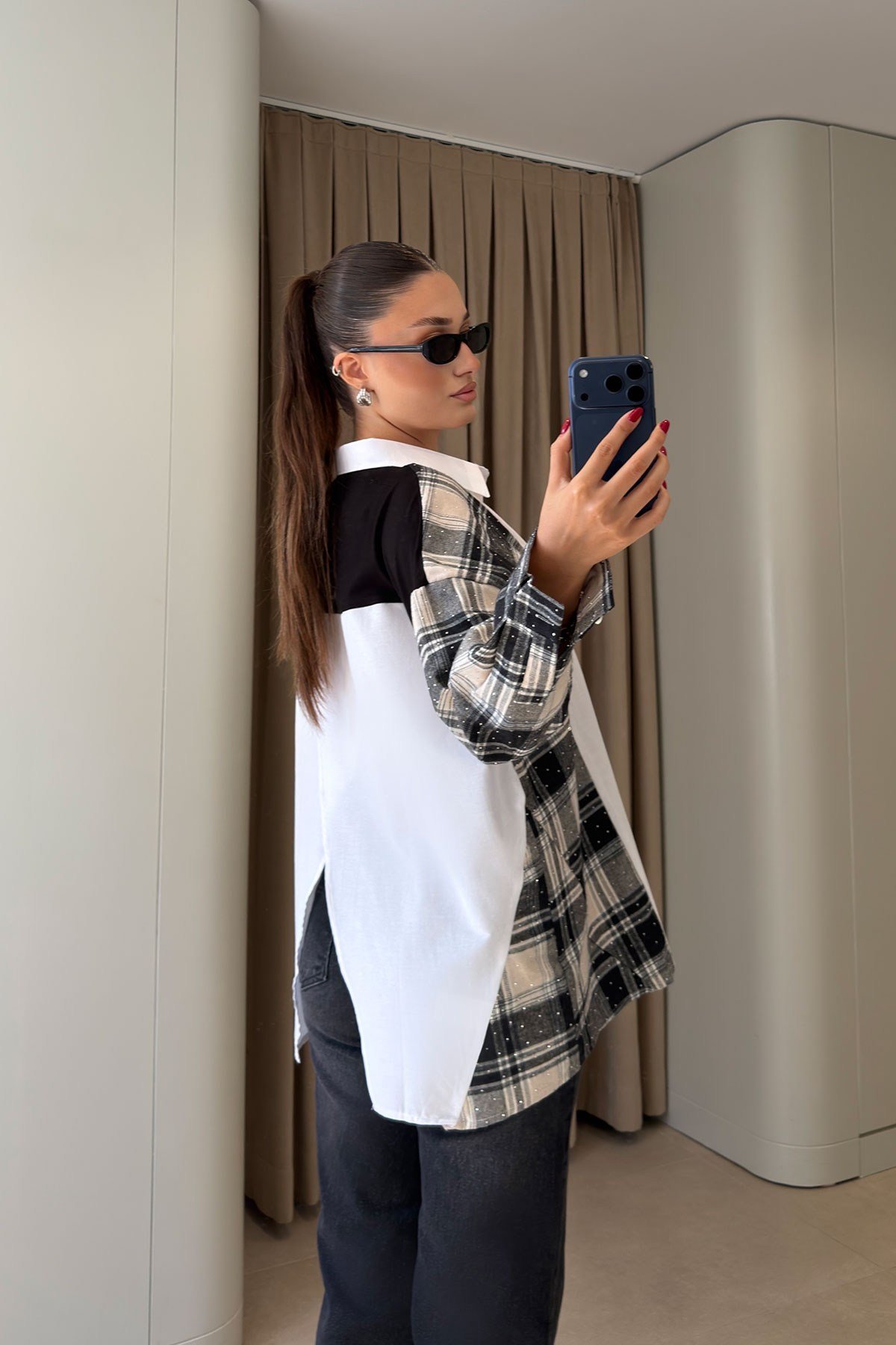 Premium Taş İşlemeli Oversize Gömlek- SİYAH