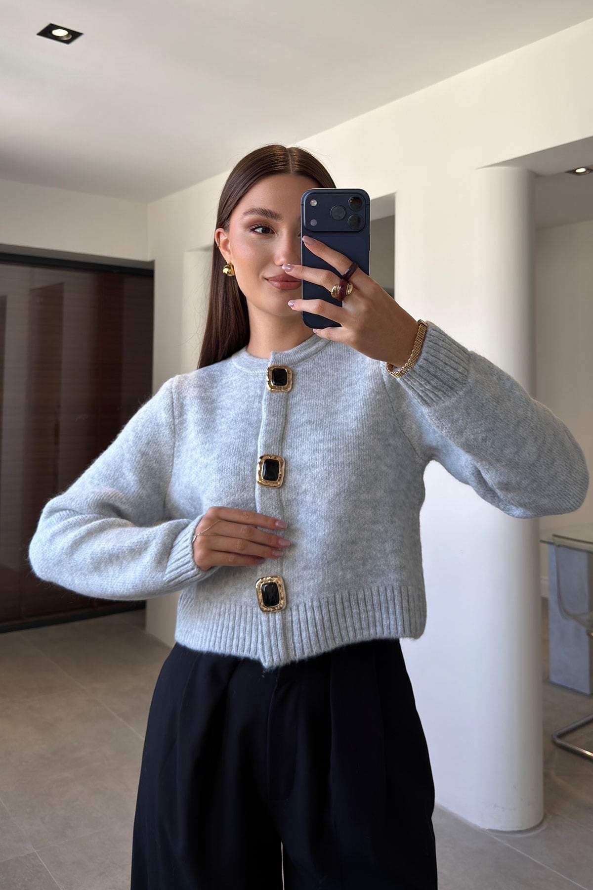 Premium Yeni Sezon Önü Düğmeli Hırka- GRİ