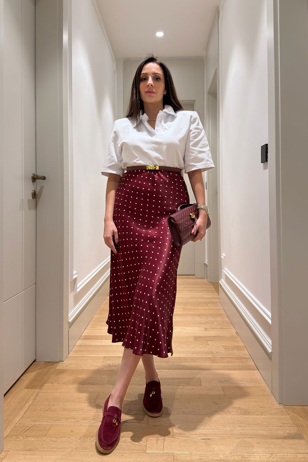 Puantiyeli Saten Premium Etek- BORDO