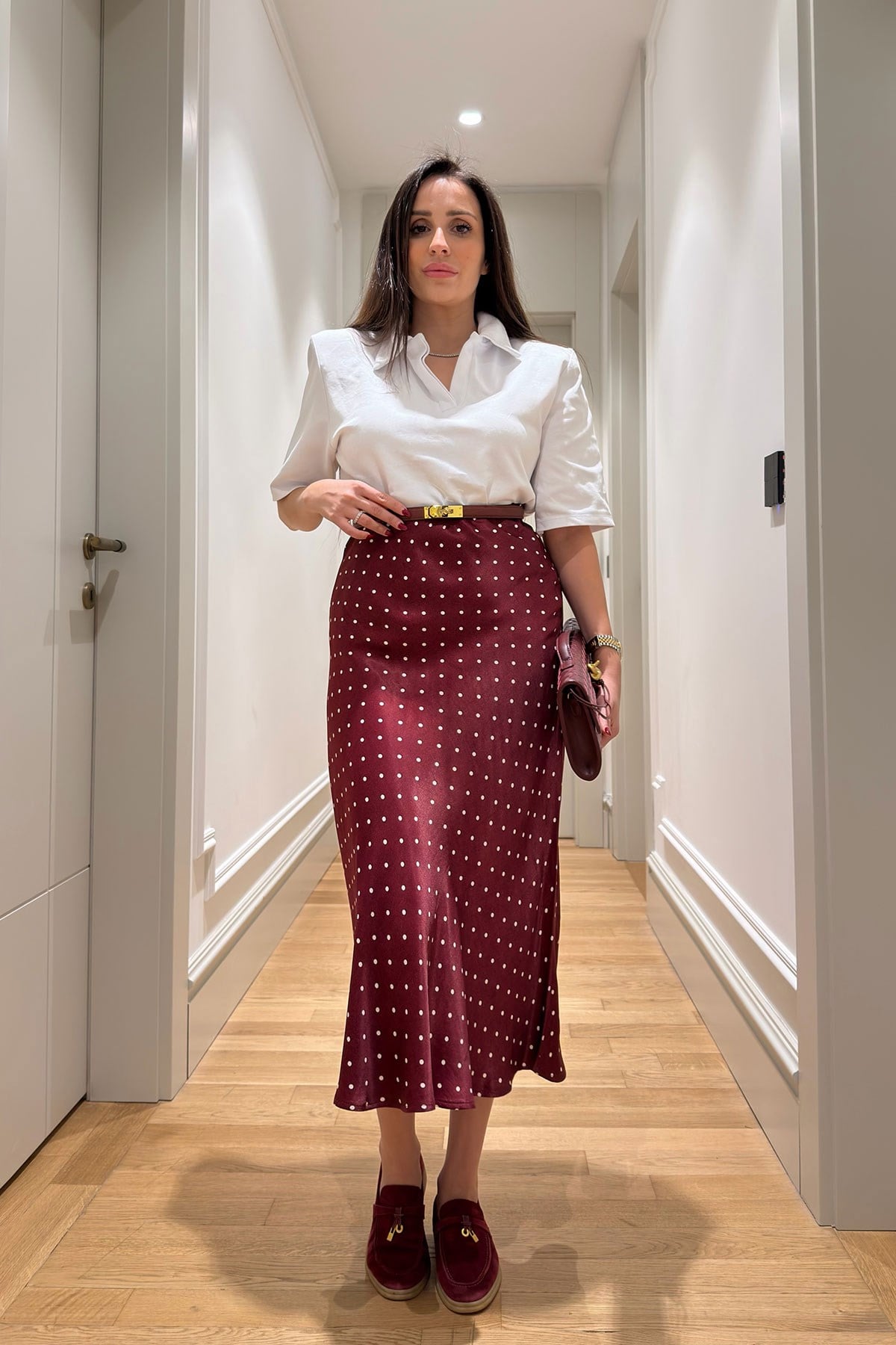 Puantiyeli Saten Premium Etek- BORDO