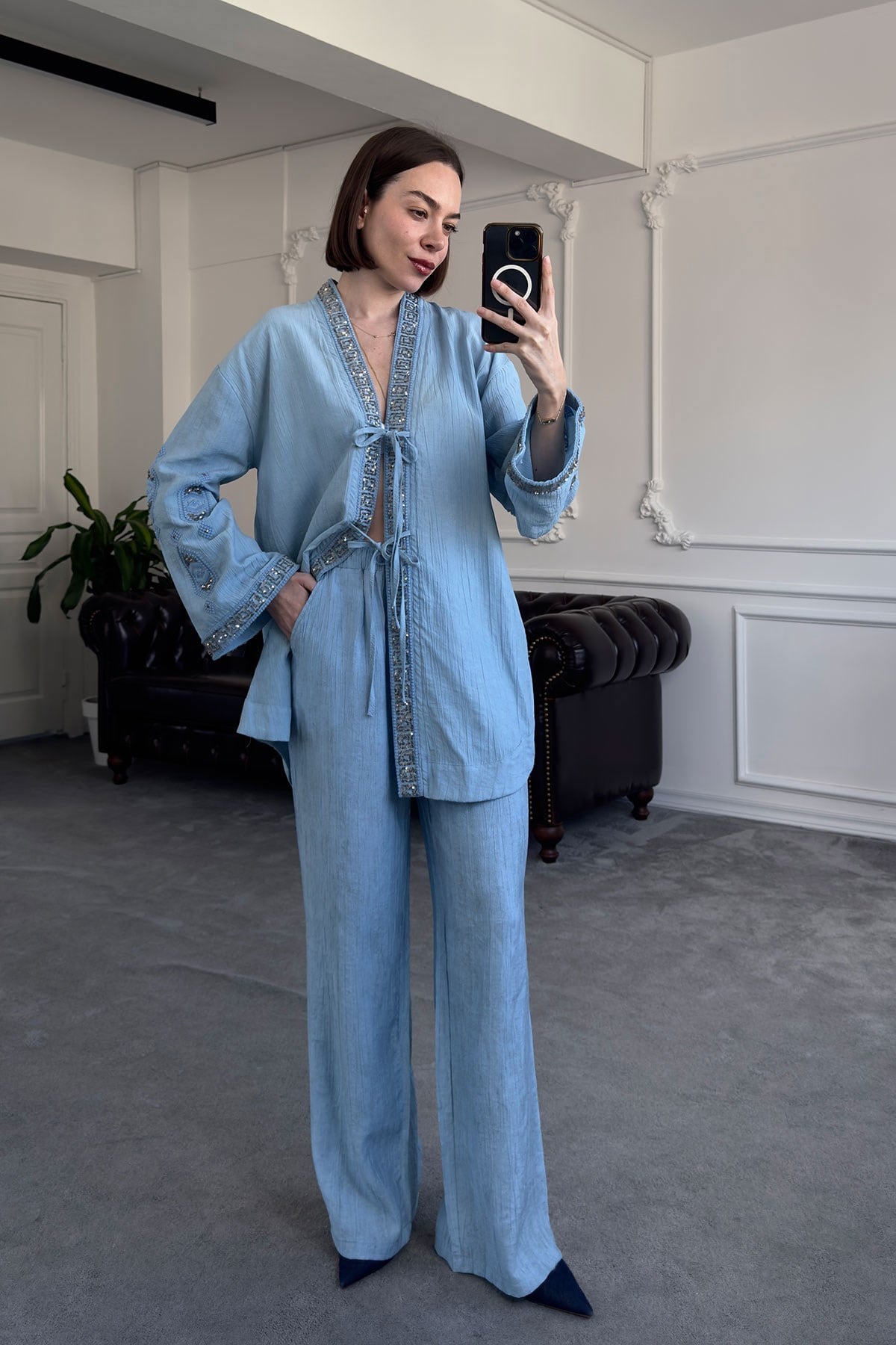 Pul İşlemeli Tasarım Keten Kimono Takım- BEBE MAVİSİ