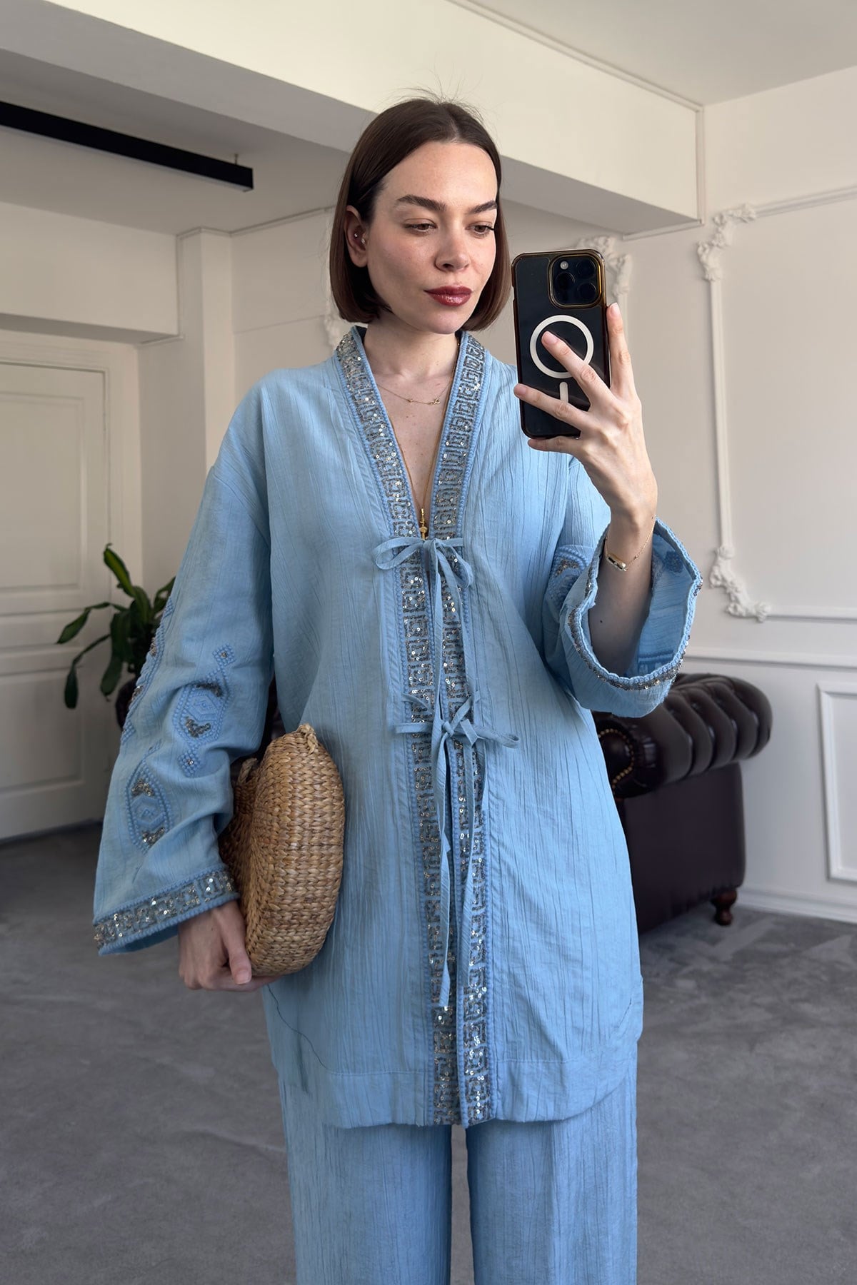 Pul İşlemeli Tasarım Keten Kimono Takım- BEBE MAVİSİ