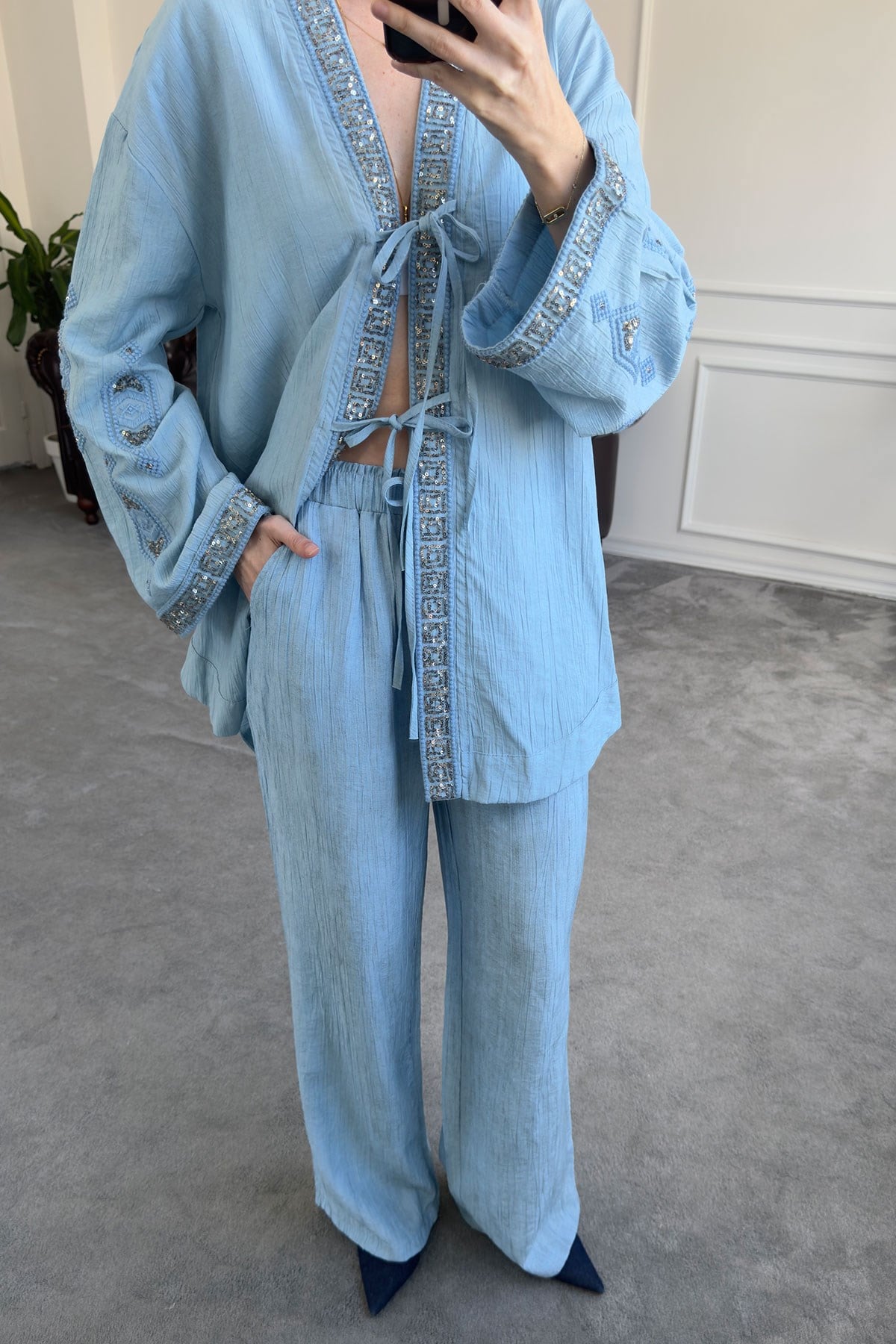 Pul İşlemeli Tasarım Keten Kimono Takım- BEBE MAVİSİ