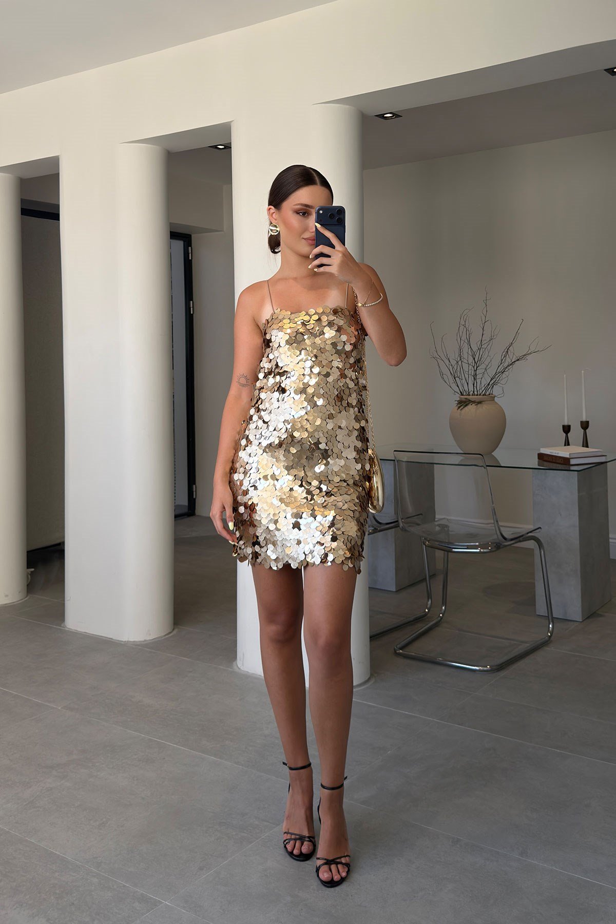 PUL PAYET MİNİ ELBİSE- GOLD